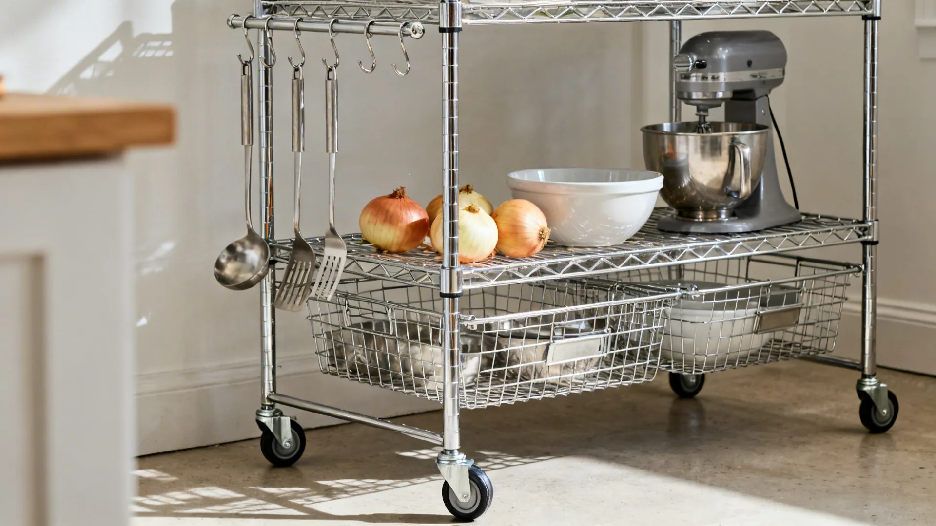 Industrial wire rack trolley with hooks and deep baskets in a bright kitchen corner.