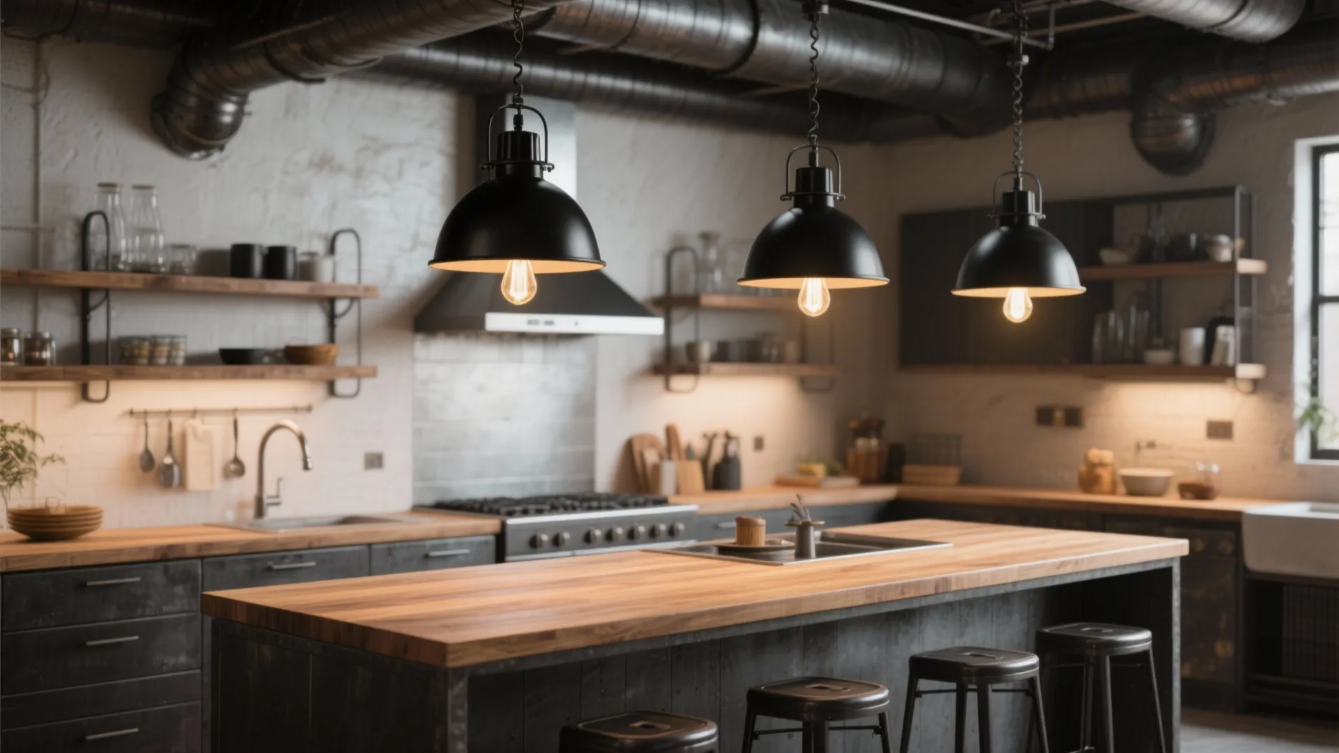 4. Industrial black pendants with warm woods