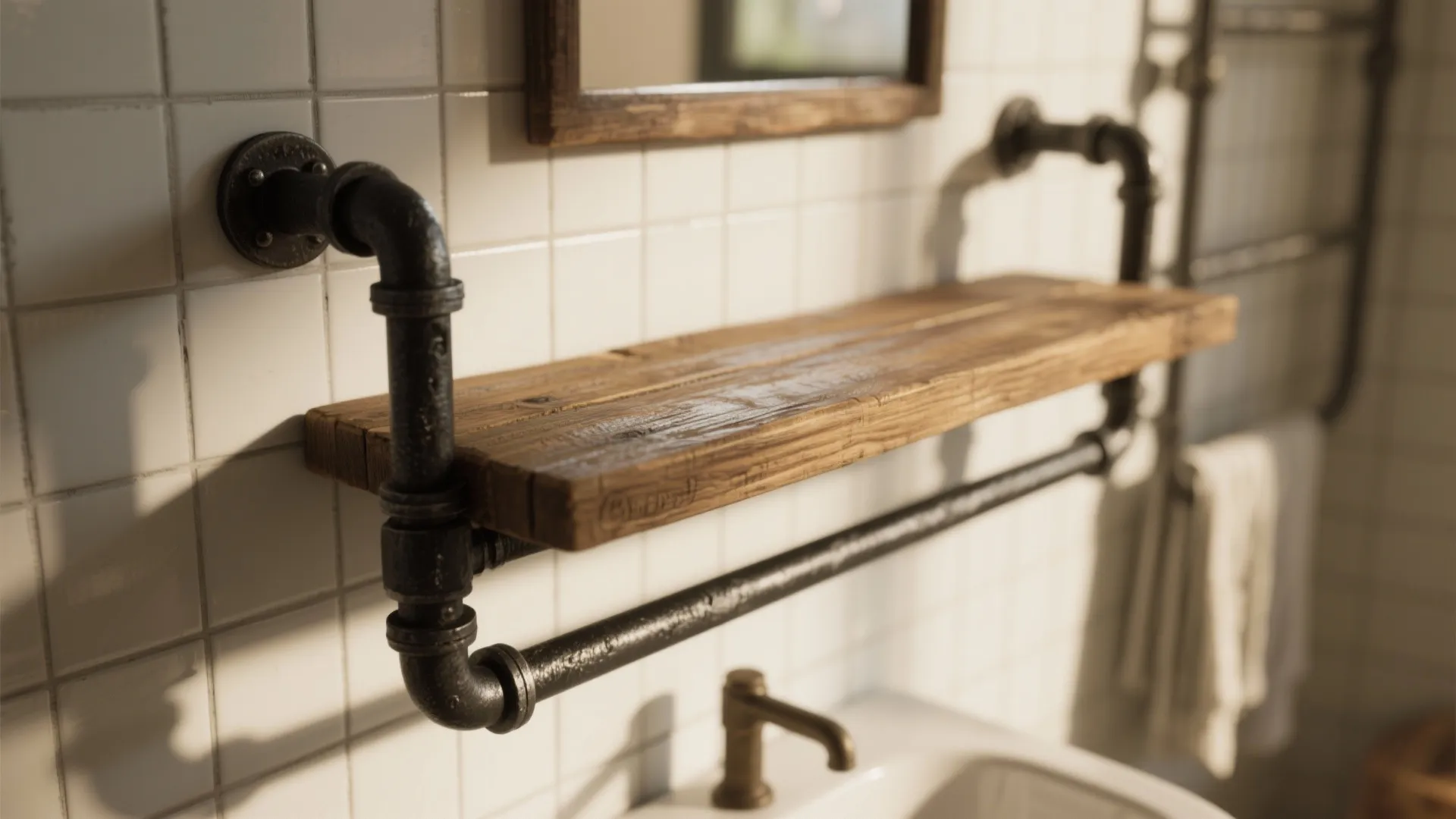 Industrial style bathroom wall shelf made of dark metal pipes and a thick wooden board