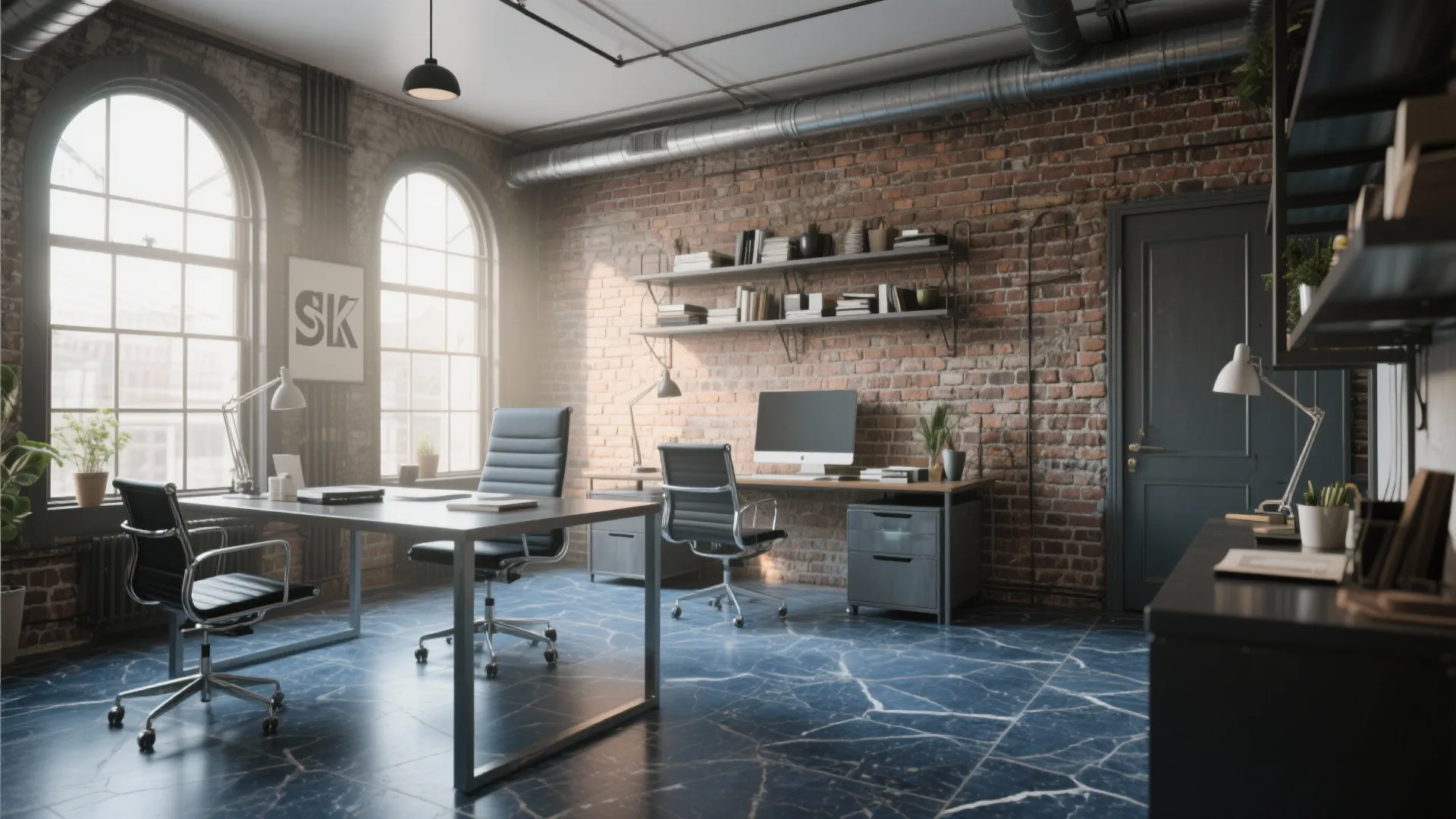 Industrial office with red brick walls black desks chairs computer and blue marble tiled floor