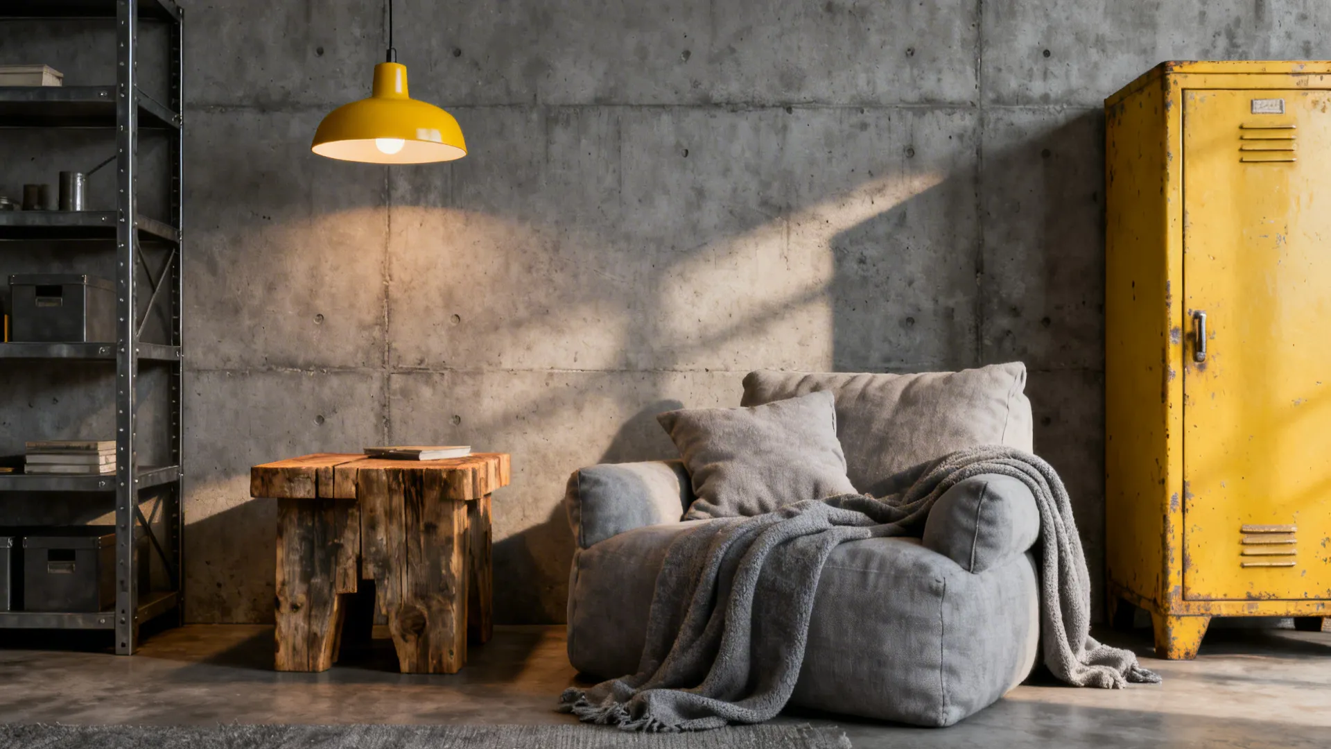 4. Industrial grey with vintage yellow details