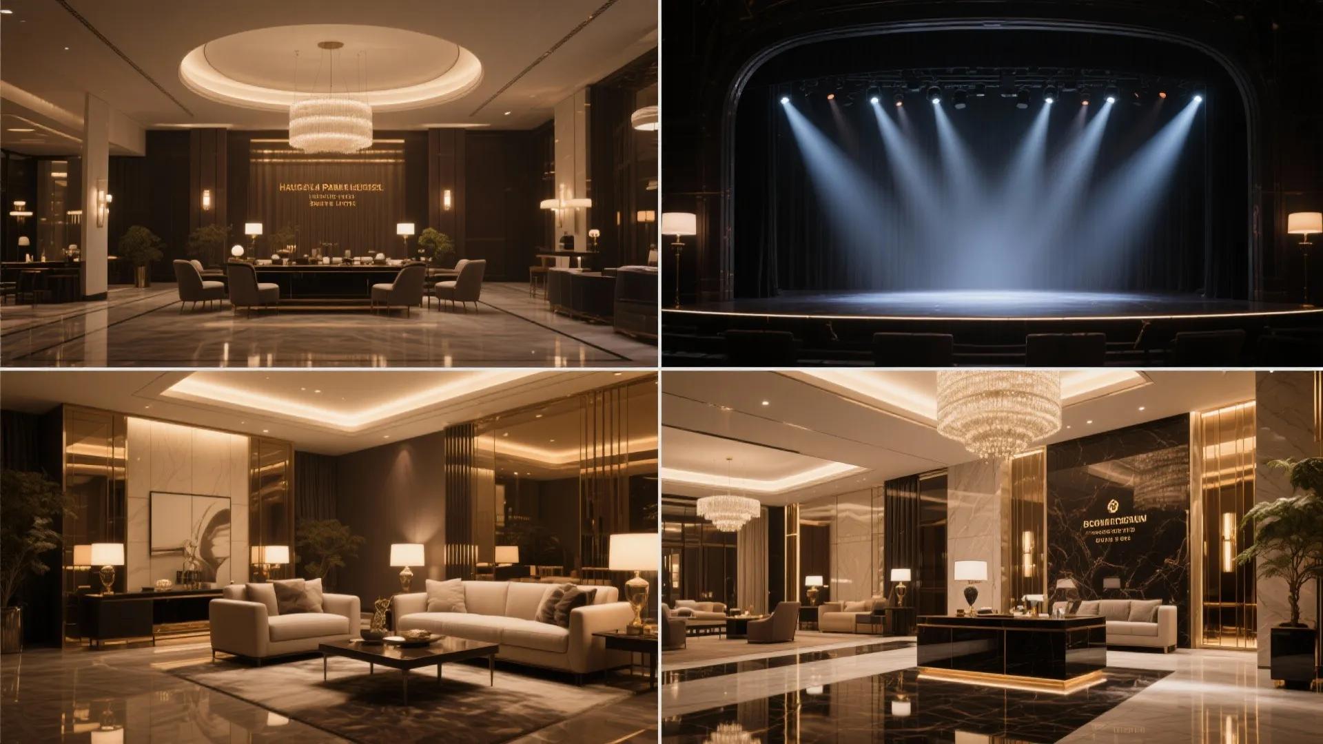 Four interior design drawings showing luxury hotel lobby dark stage with lights and modern furniture