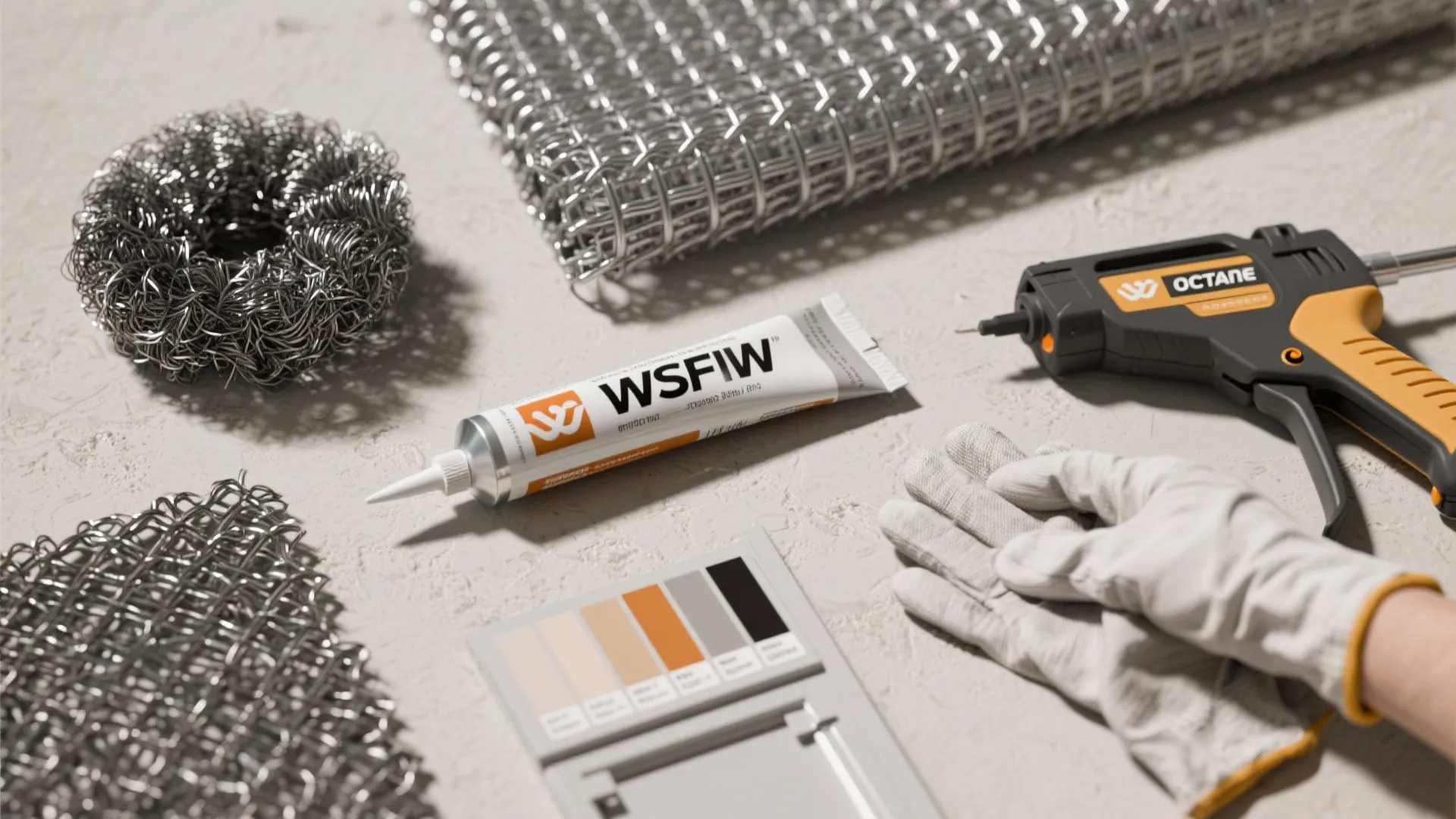 Table with metal mesh rolls a tube of glue glue gun color samples and work gloves