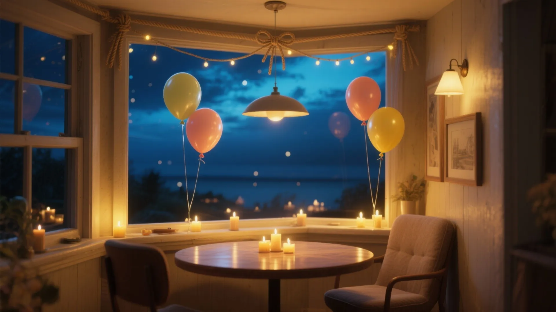 Cozy dining room with table candles, colorful balloons, hanging ceiling light, and nighttime window view