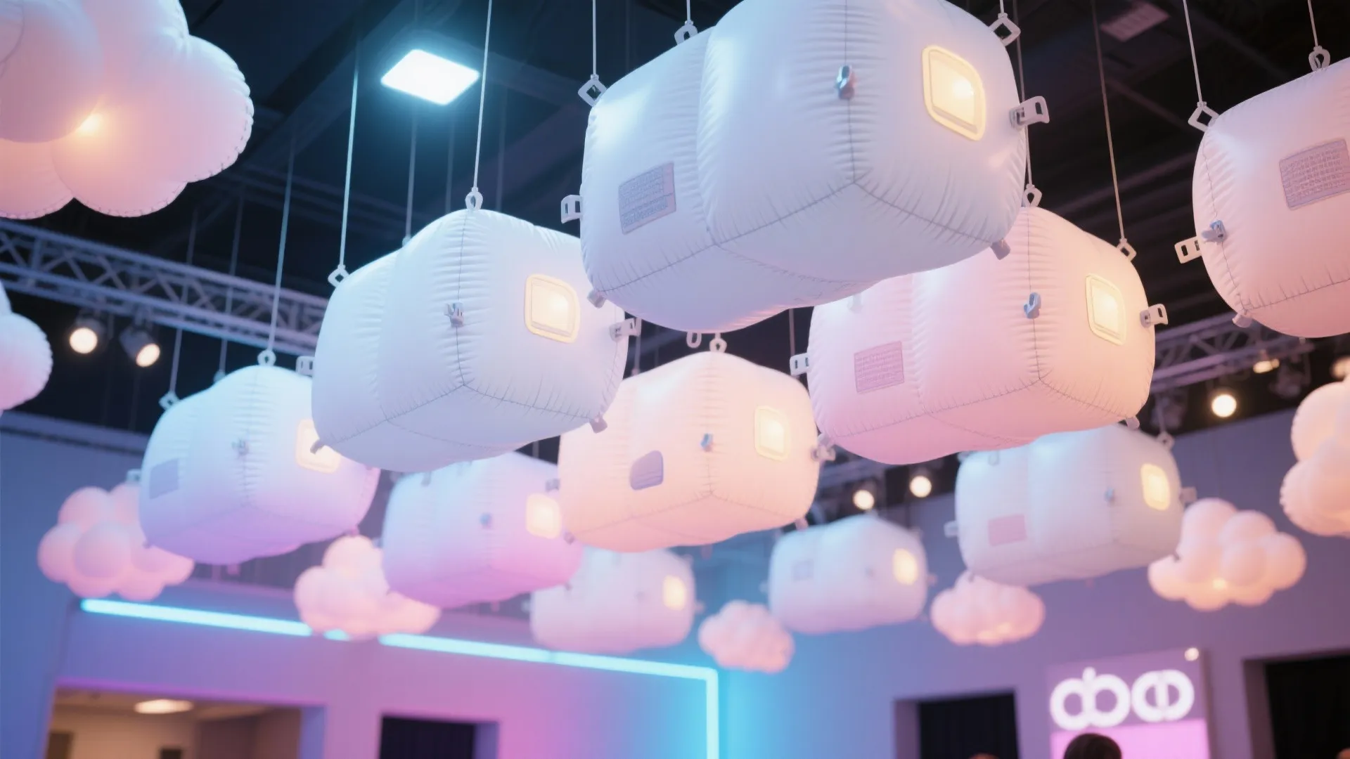 White inflatable cloud and cube shaped ceiling lights hanging from a ceiling in exhibition room