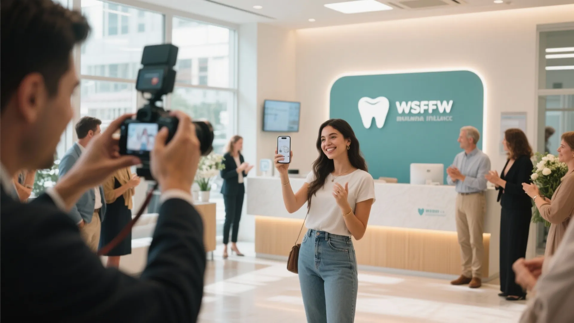 Woman holding a phone while being filmed by a camera in a dental clinic reception