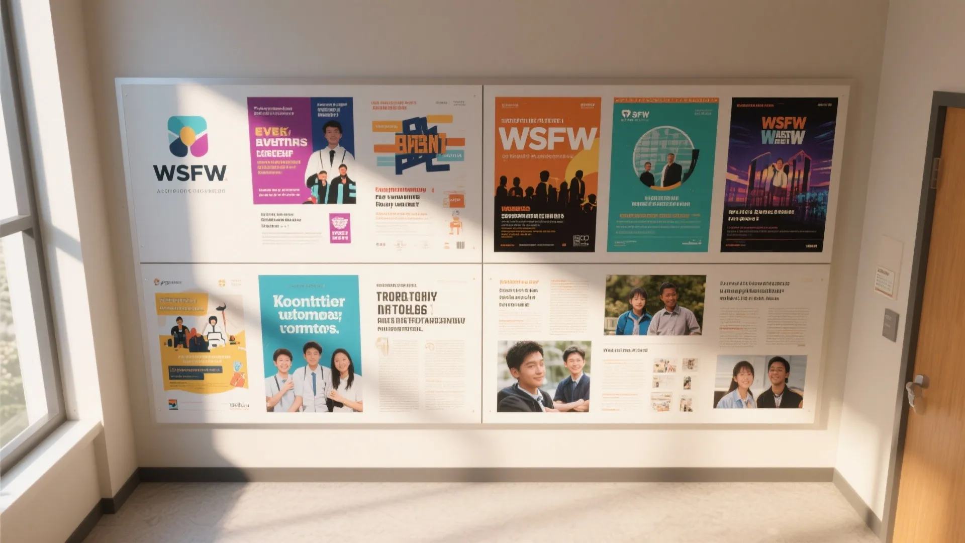 A white wall display board featuring colorful posters with pictures of people and various text
