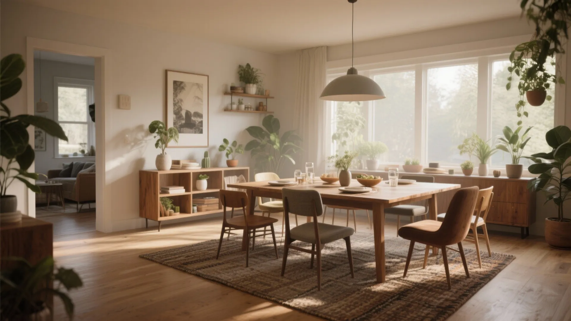 Spacious dining room with wooden table grey rug ceiling light many green plants and large windows
