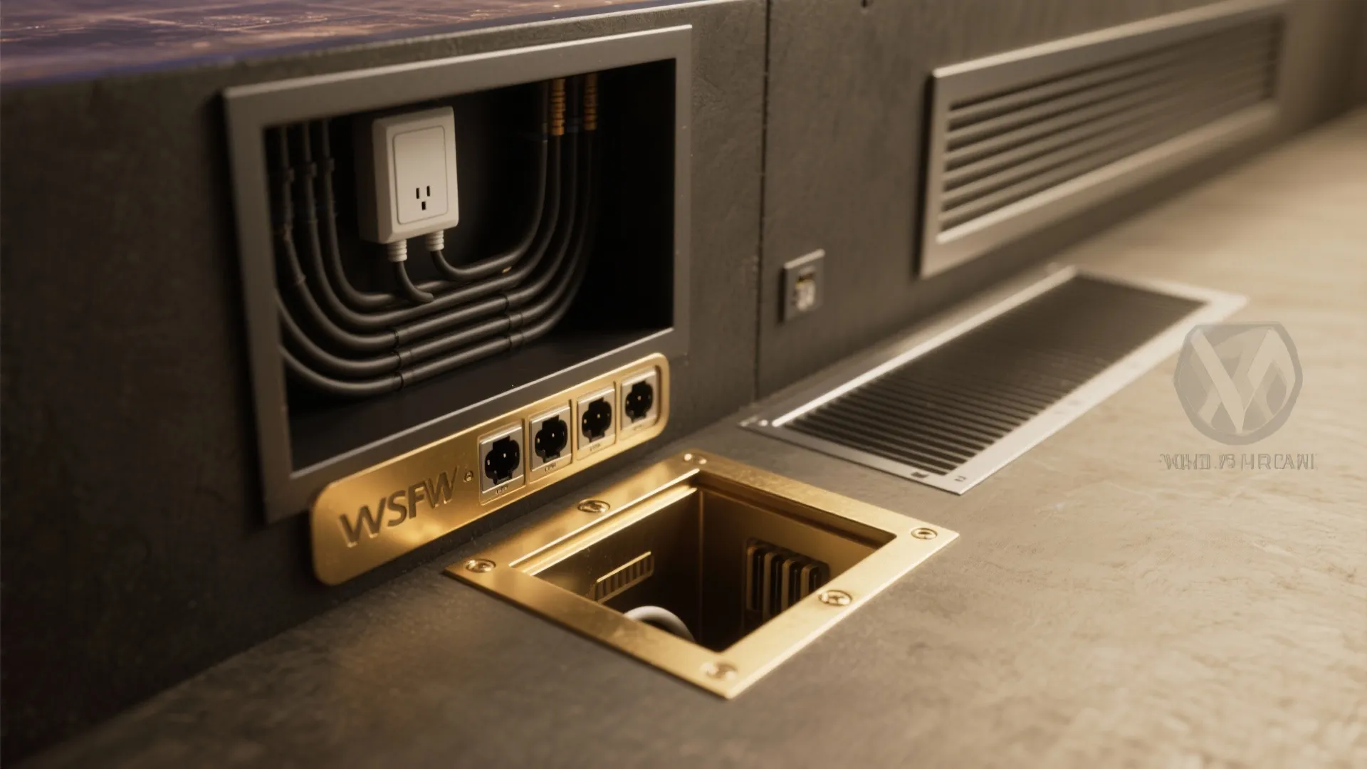 Wall power outlet with black wires, gold plate with ports, floor box and air vent
