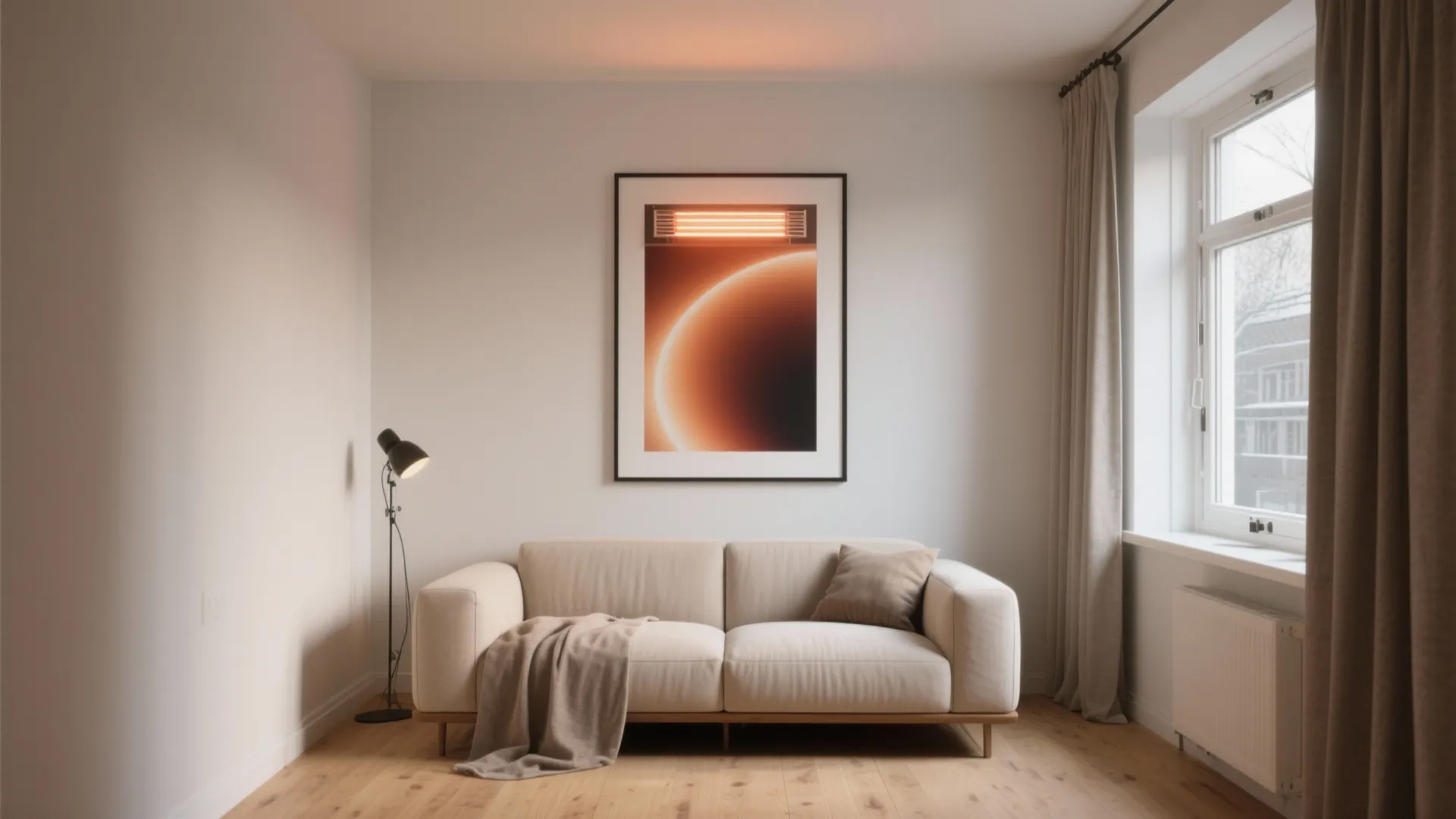 Slim infrared panel disguised as framed art above a sofa in a compact studio.
