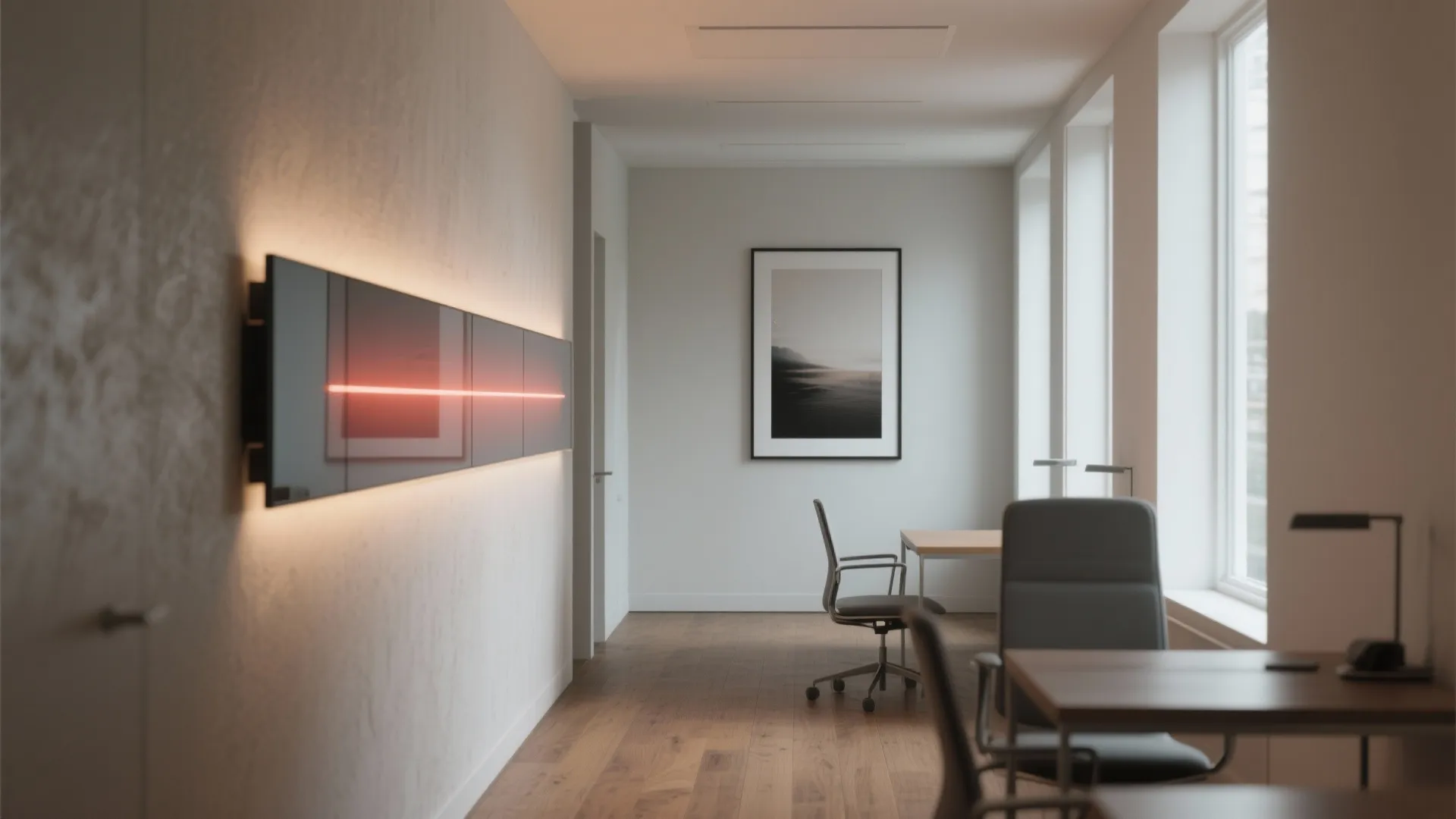 Slim wall-mounted infrared heater disguised as framed art in a narrow modern office with warm light.