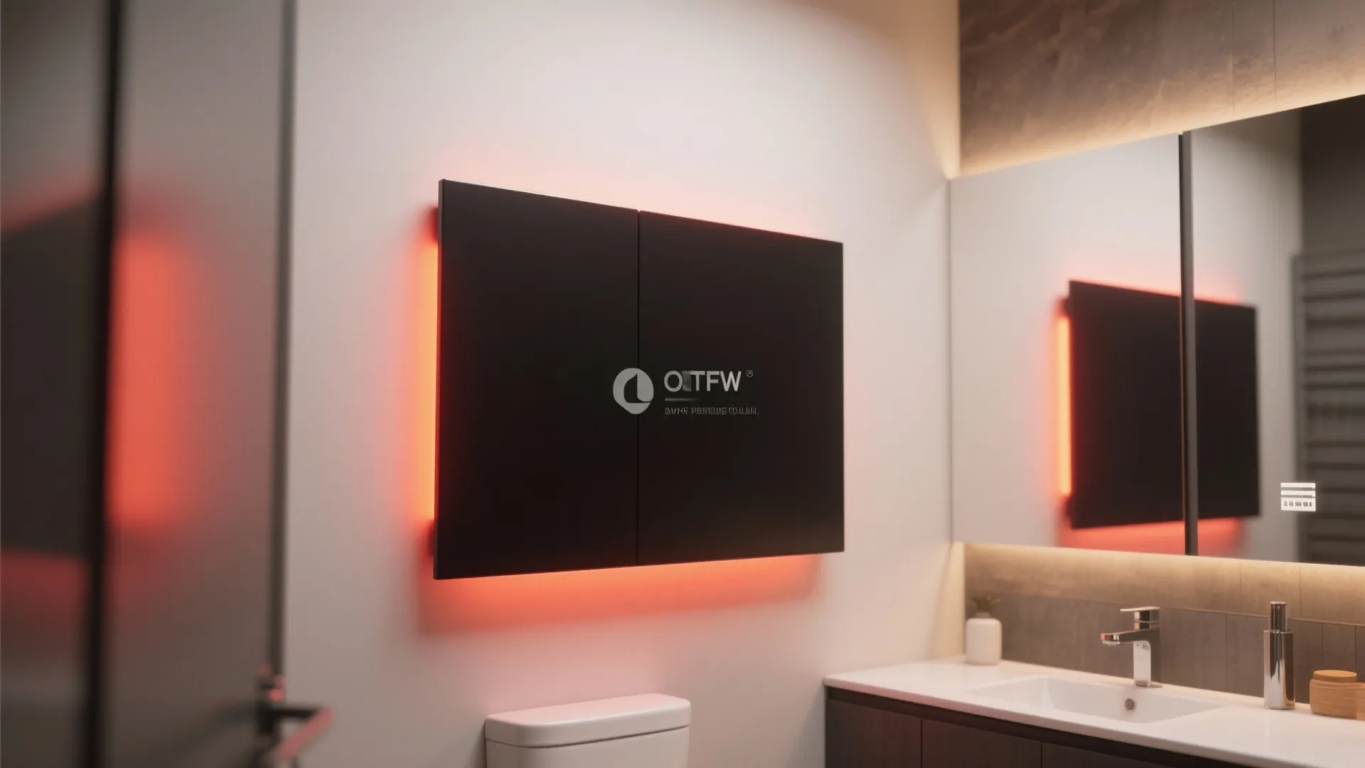 Black wall mounted heating panel with orange light in modern bathroom with toilet and sink