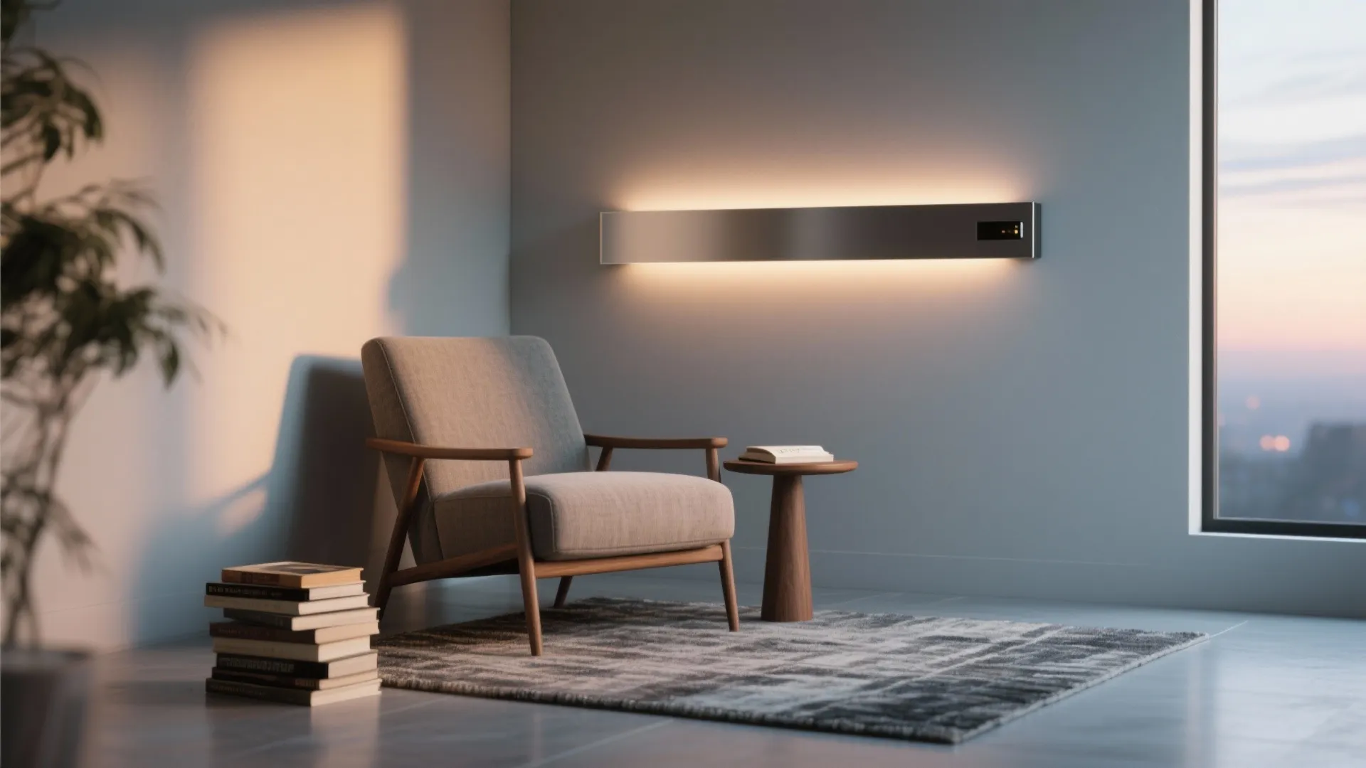 Modern cozy reading corner with a wall light fixture grey sofa chair and wooden side table