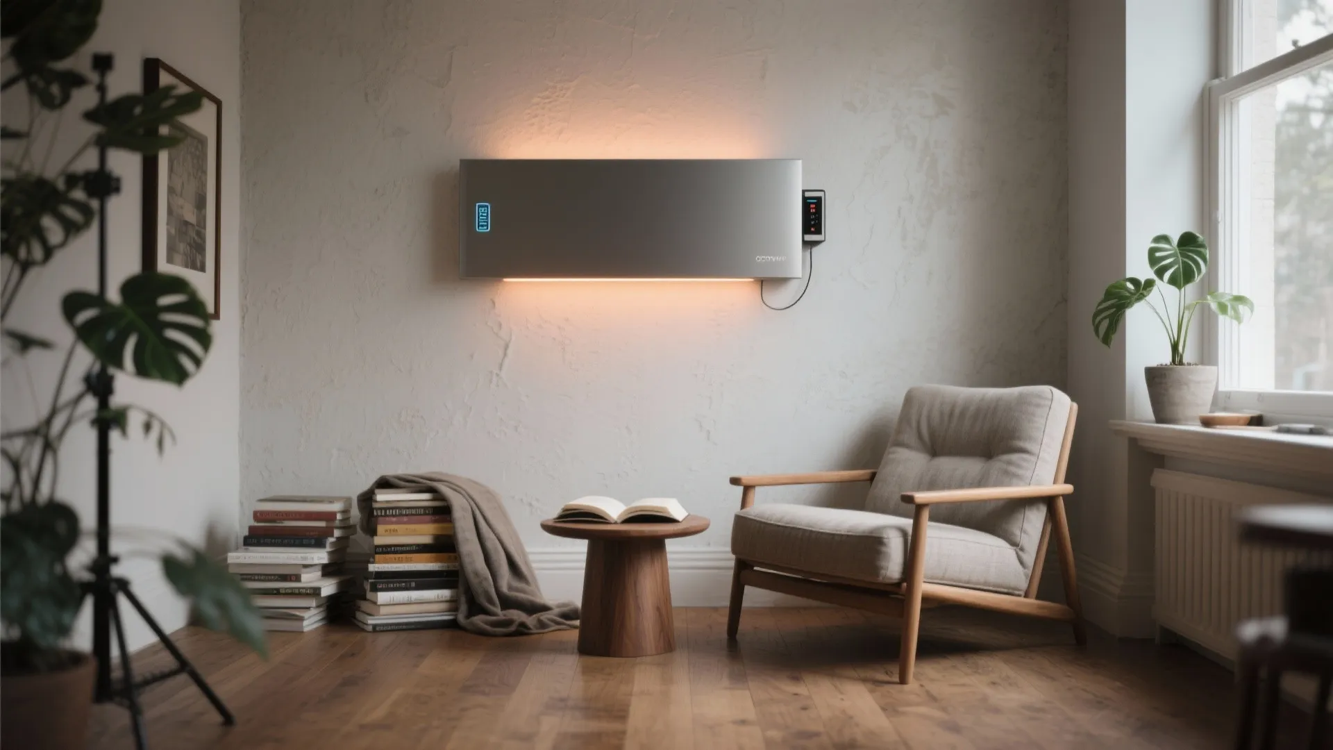 Modern wall light mounted above a lounge chair and wooden table in a minimalist room