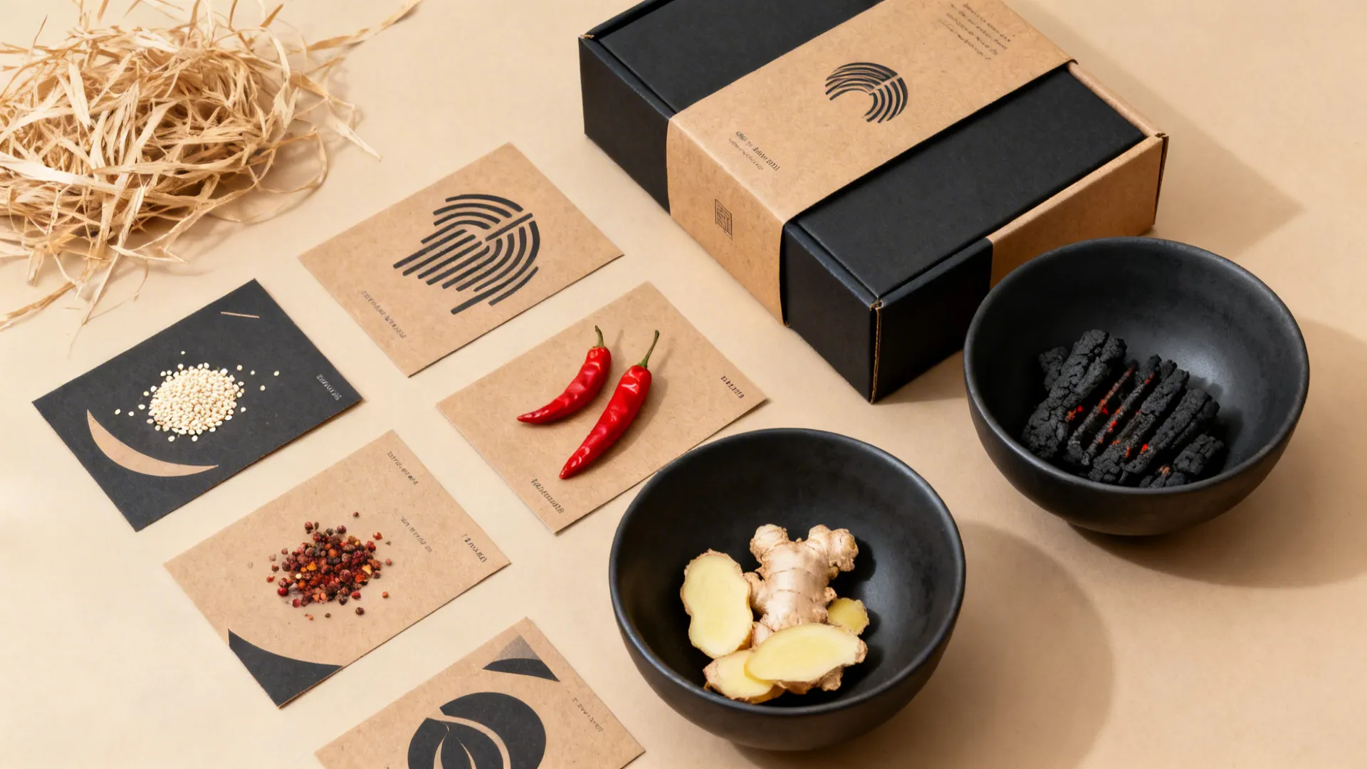 Top-down minimalist flatlay with sesame, chili, ginger, and monochrome delivery packaging.