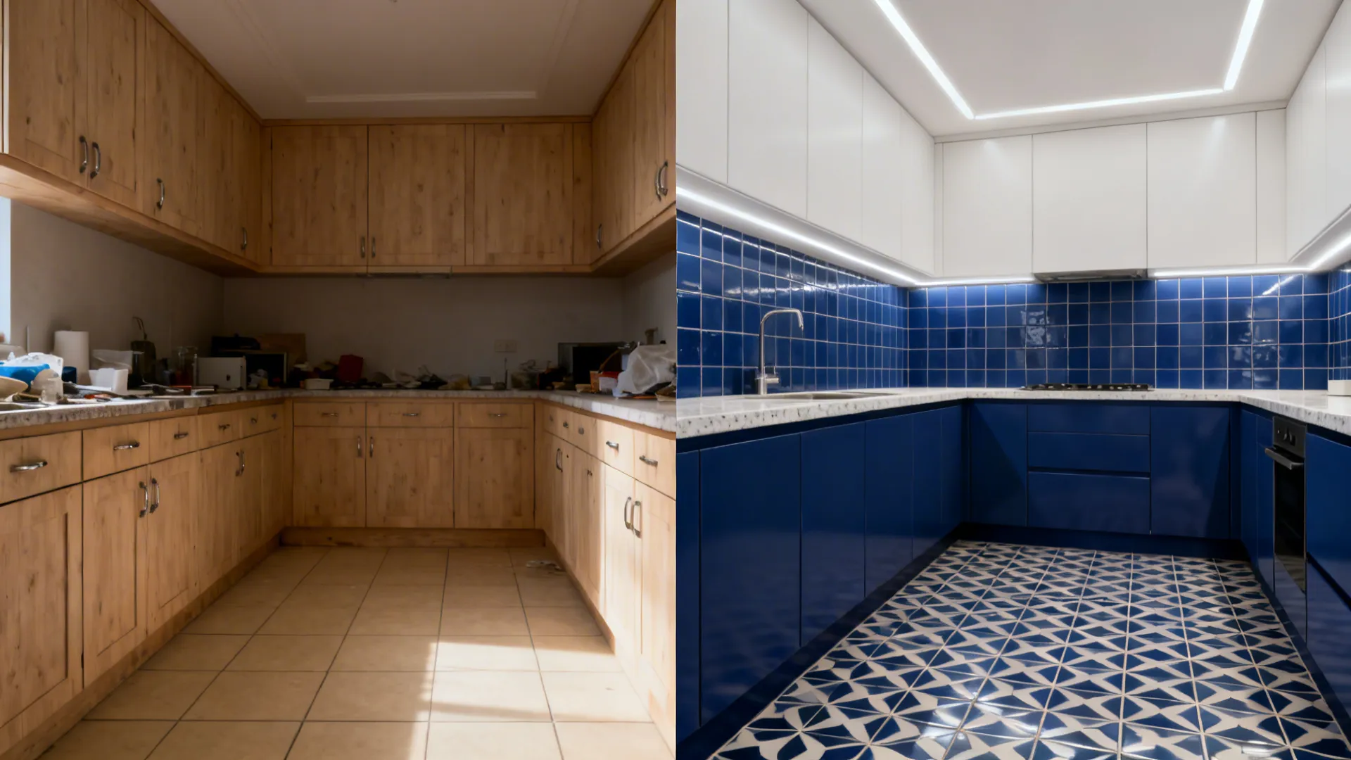 Before and after comparison of old wood kitchen cabinets versus modern blue and white kitchen