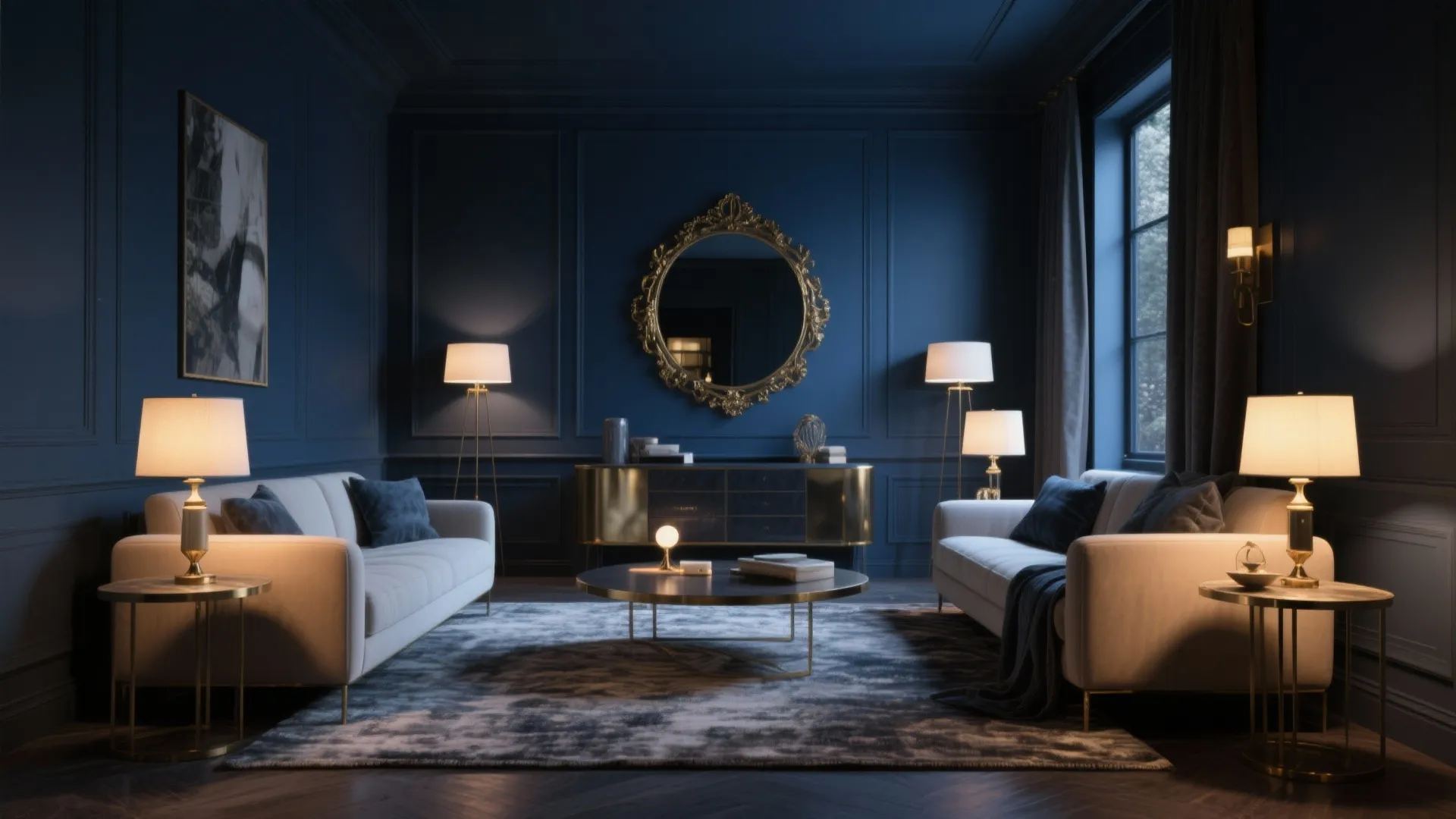 Deep ink-blue walls and charcoal joinery with brass accents in a cocooning living room—an evening-focused Dulux scheme.