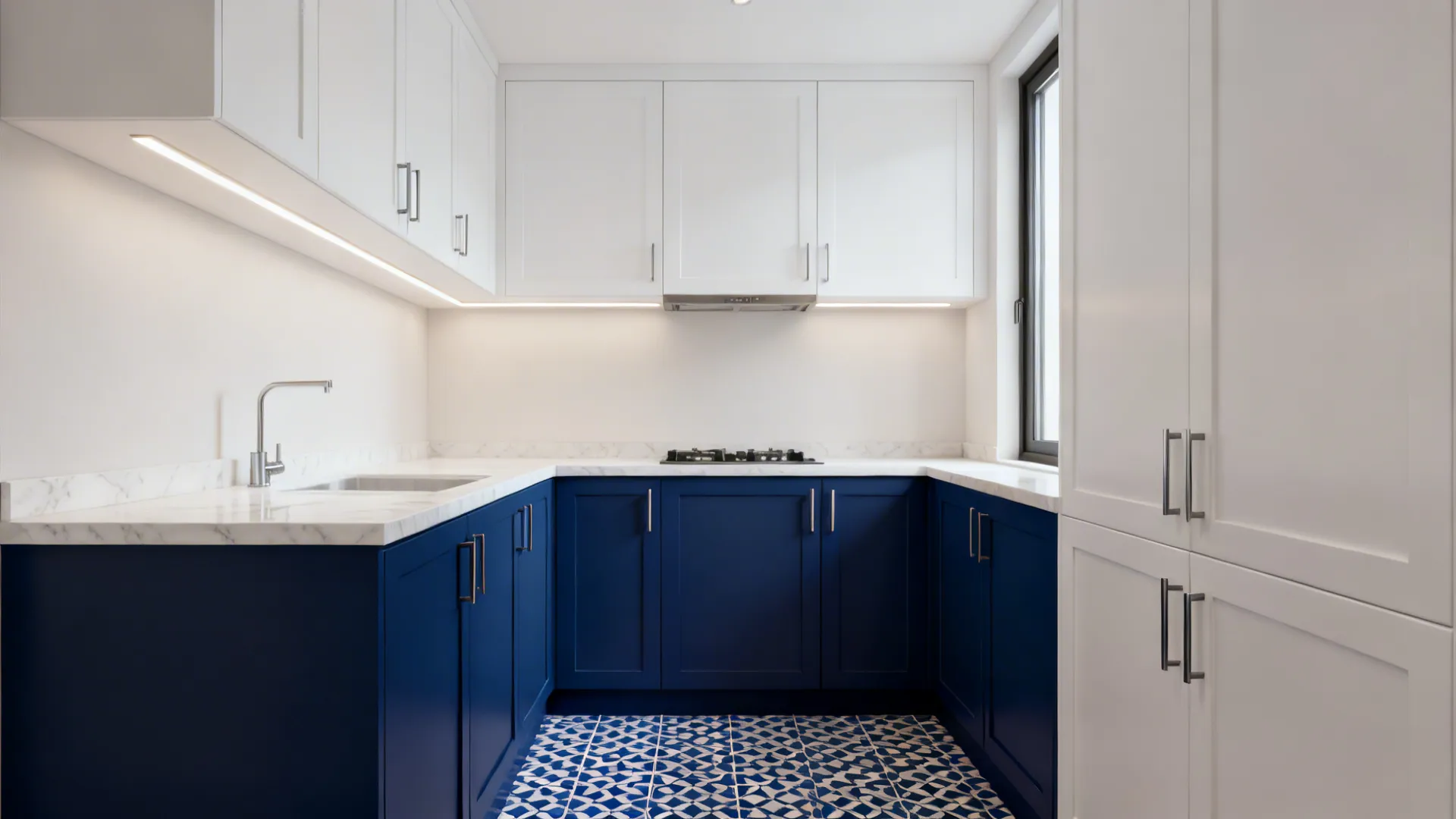 Modern kitchen with white upper cabinets blue lower cabinets marble countertops and blue patterned floor