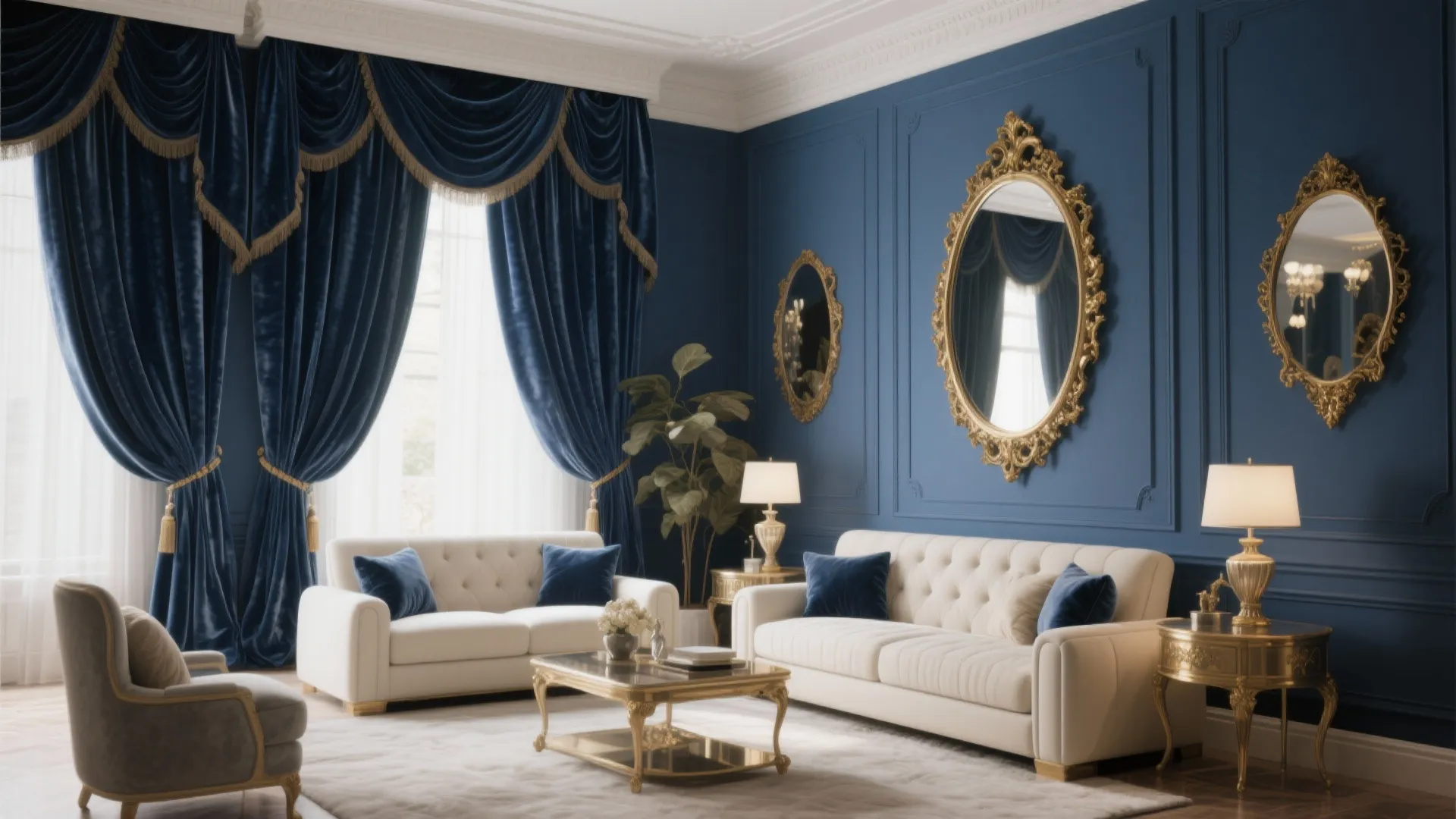 Luxurious living room with ink blue walls and gold accents