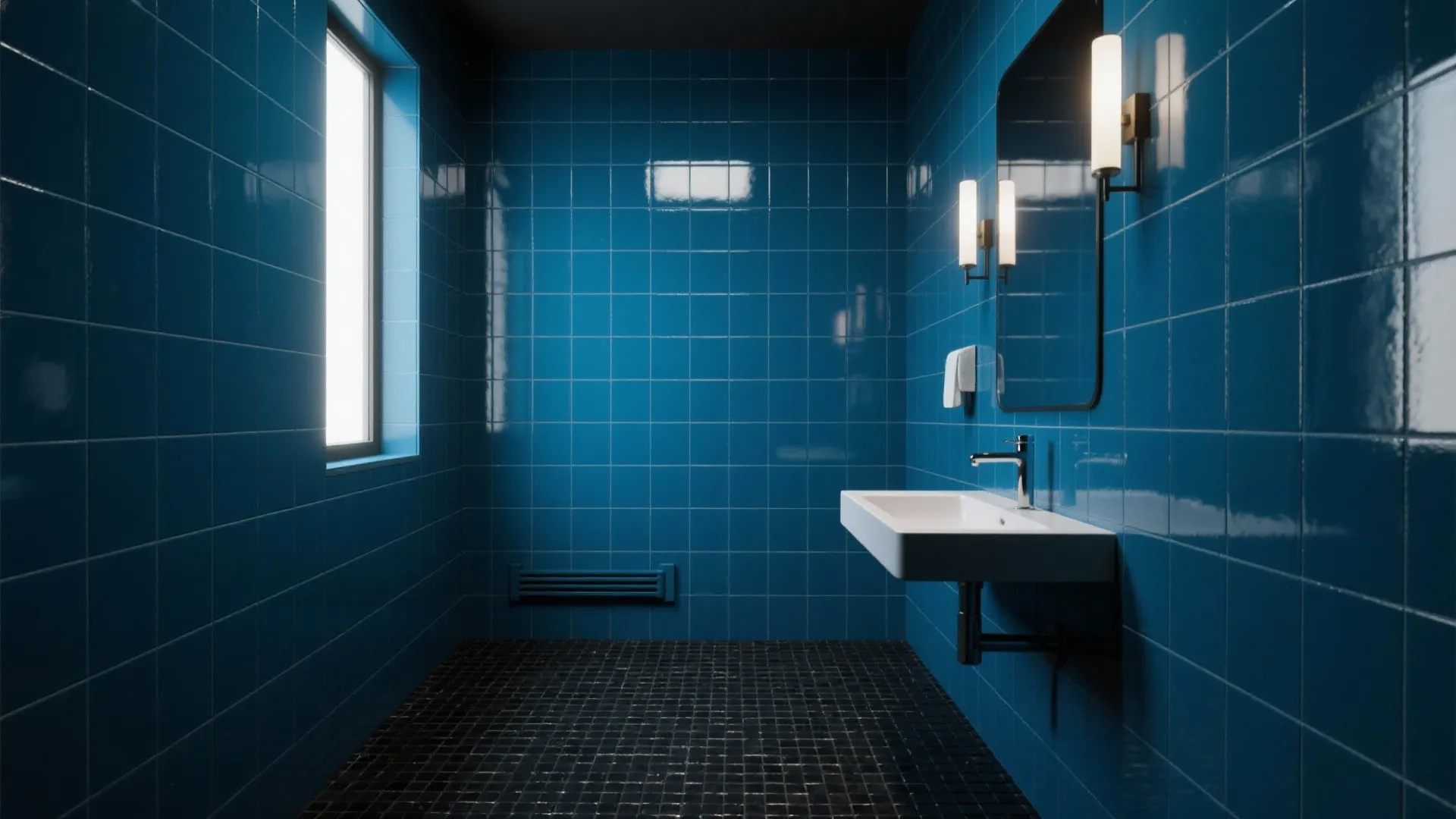 Glossy ink-blue wall tiles reflecting light above a textured black mosaic floor.