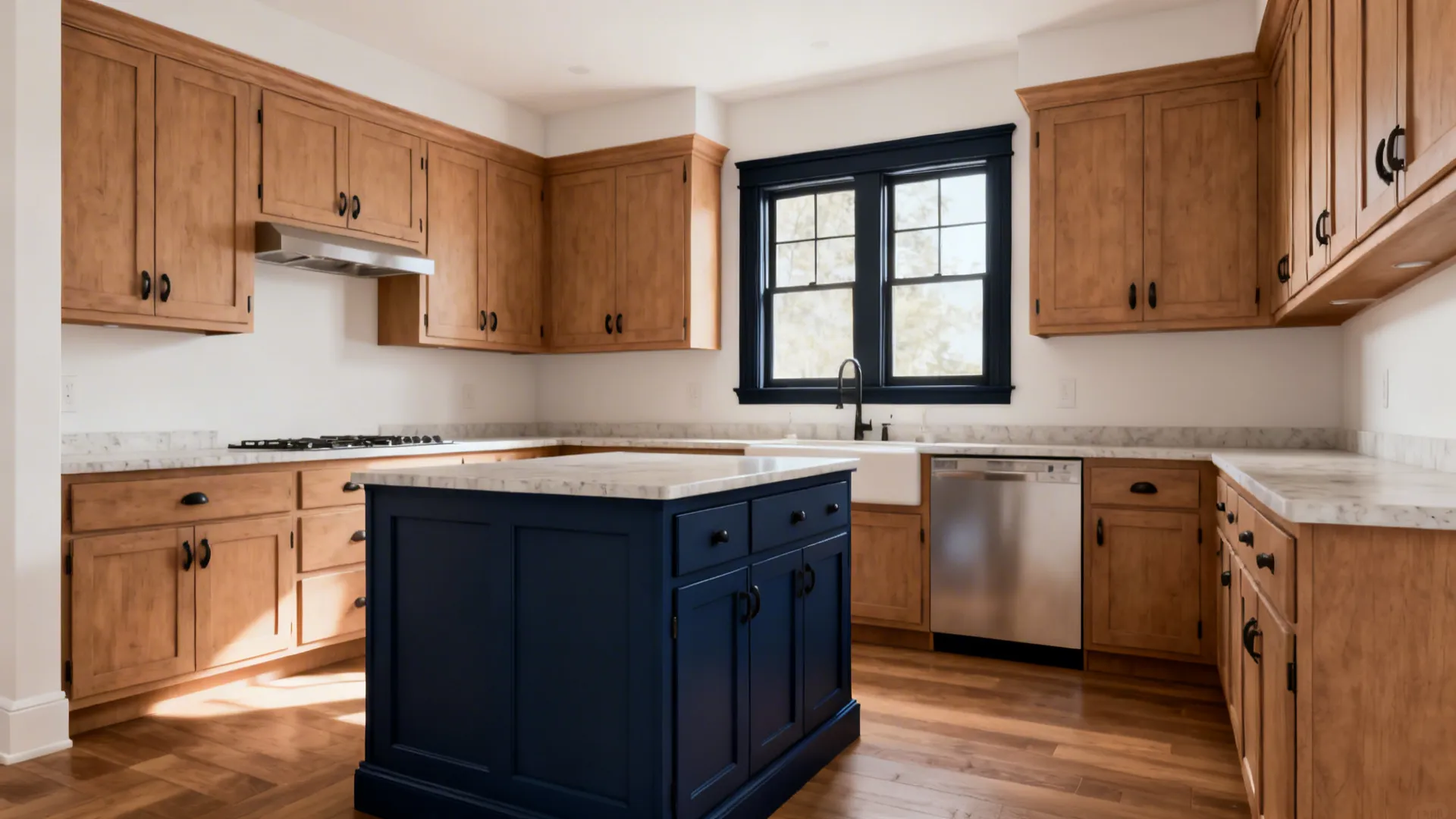 Kitchen featuring wood cabinets, dark blue island with marble top, stainless steel dishwasher, and black windows