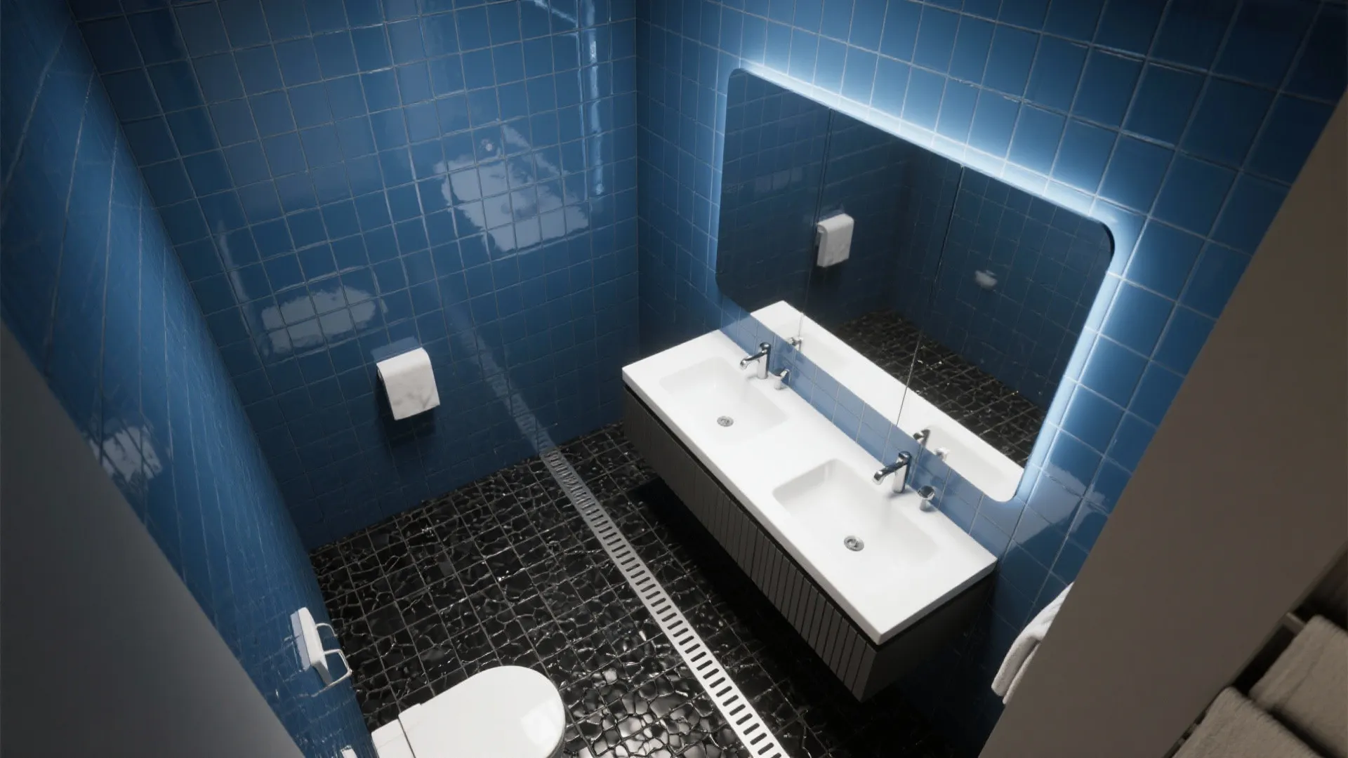 Top-down compact powder room plan with ink-blue walls, mosaic floor, and linear drain.
