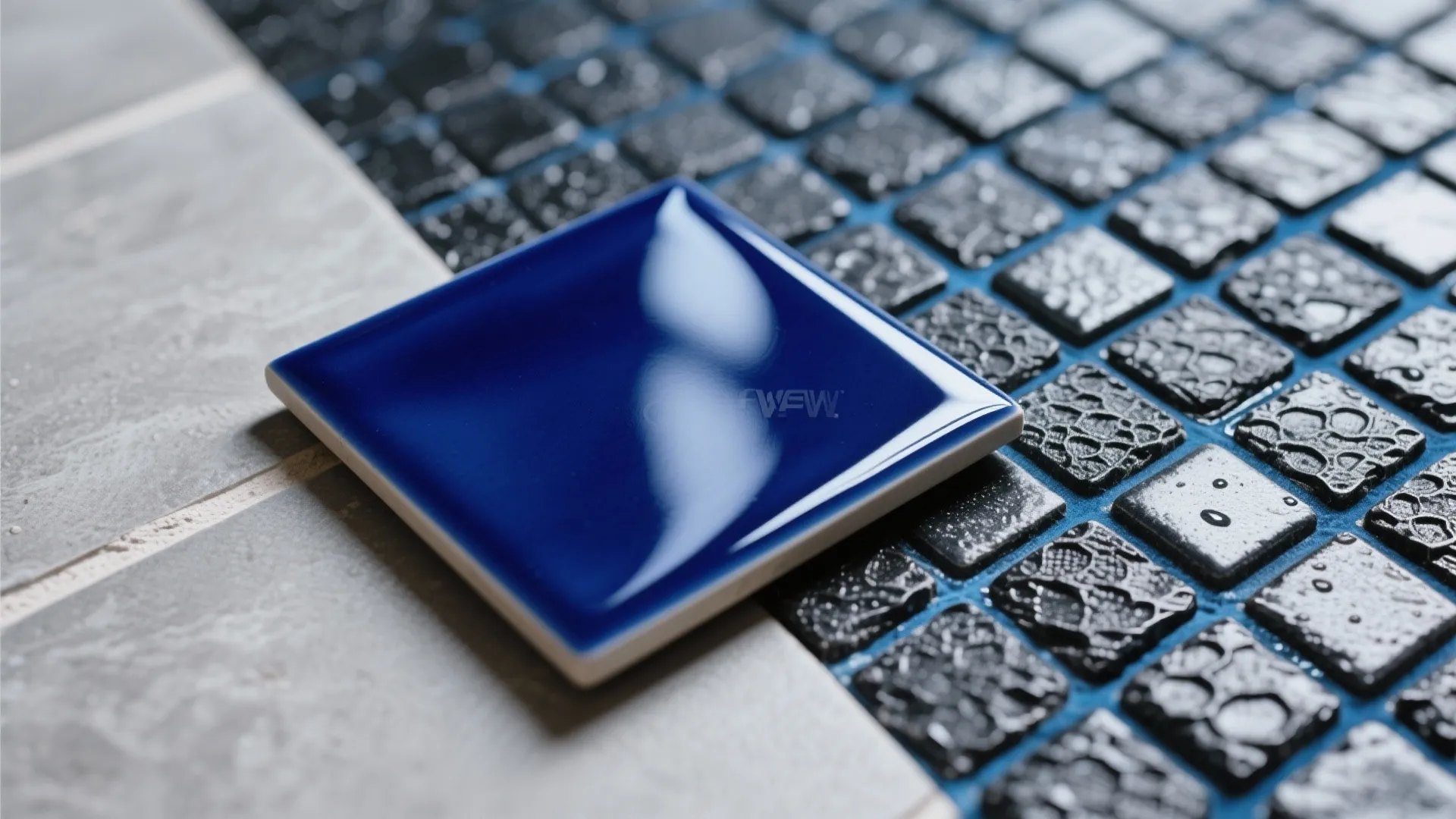 Macro of glossy ink-blue tile beside textured black mosaic with color-matched grout.