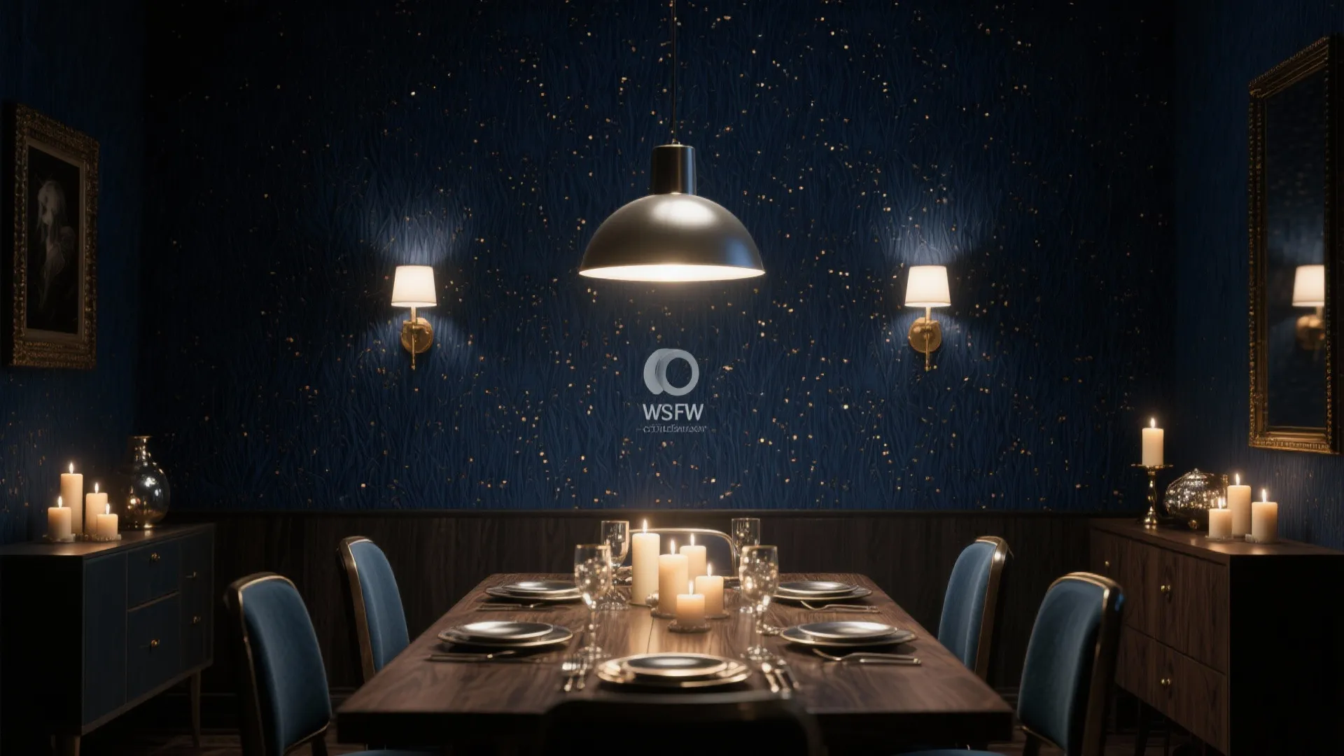 Dining room with blue patterned wallpaper wooden table blue chairs ceiling light and multiple warm candles