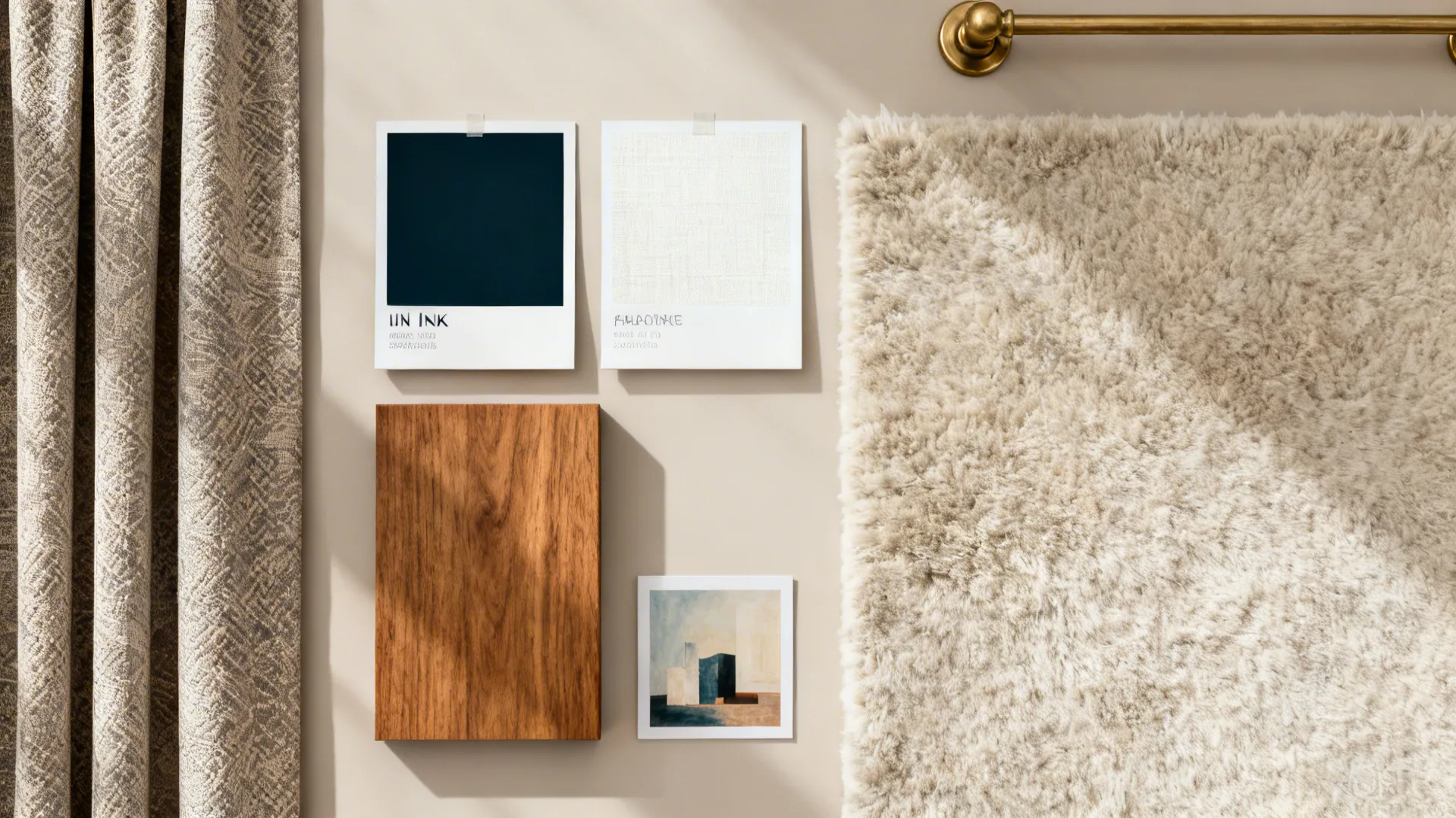 Top-down flatlay of deep ink and linen white paint swatches with wood, brass, and textiles.