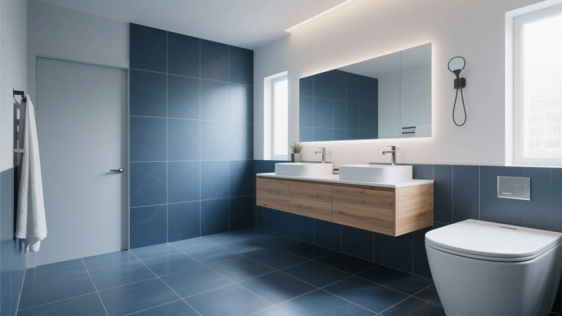 Modern bathroom with blue wall tiles double white sinks on wooden cabinet mirror and toilet