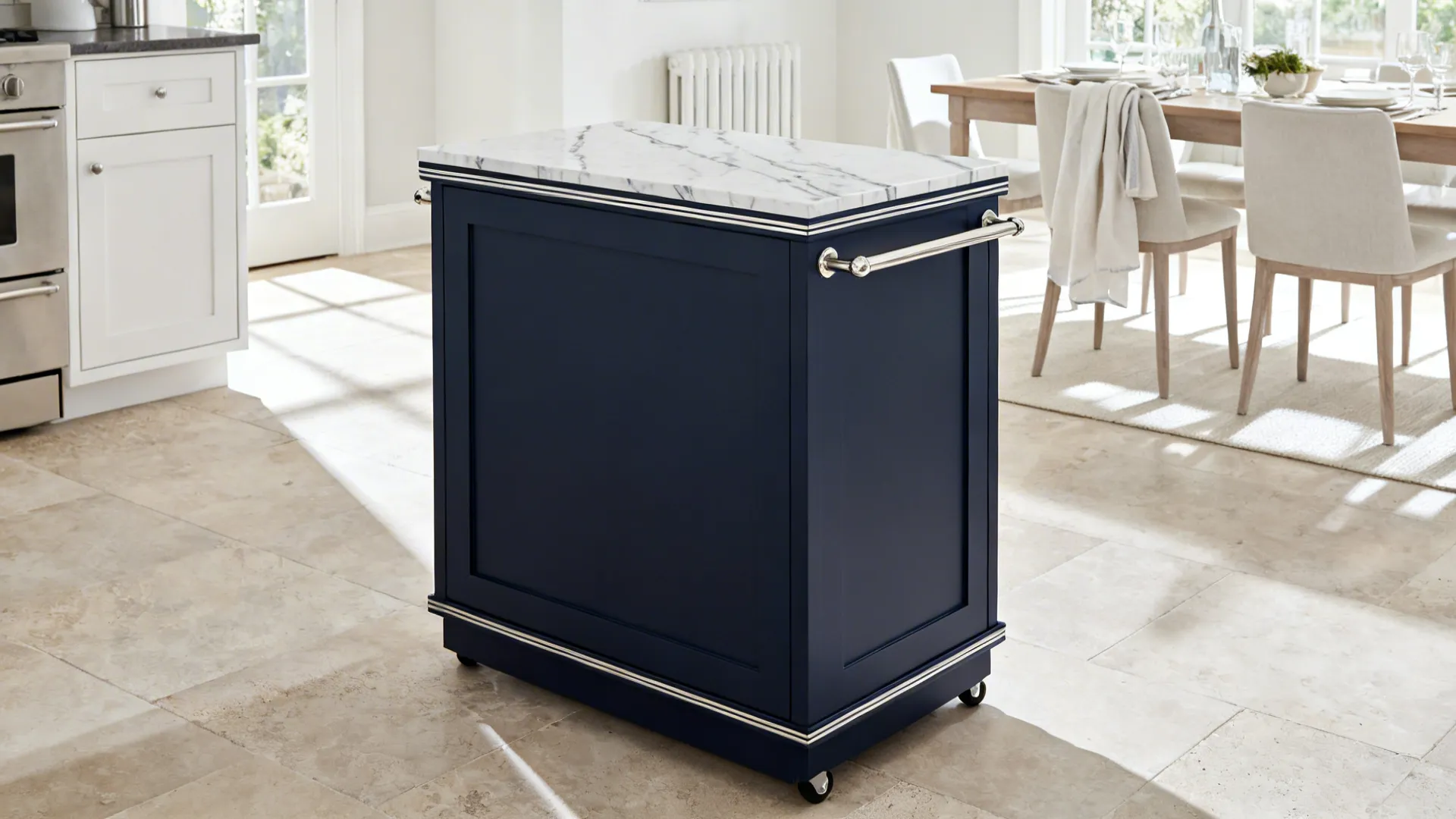 Inky navy blue kitchen trolley with a marble-look laminate top in a light small kitchen-dining area