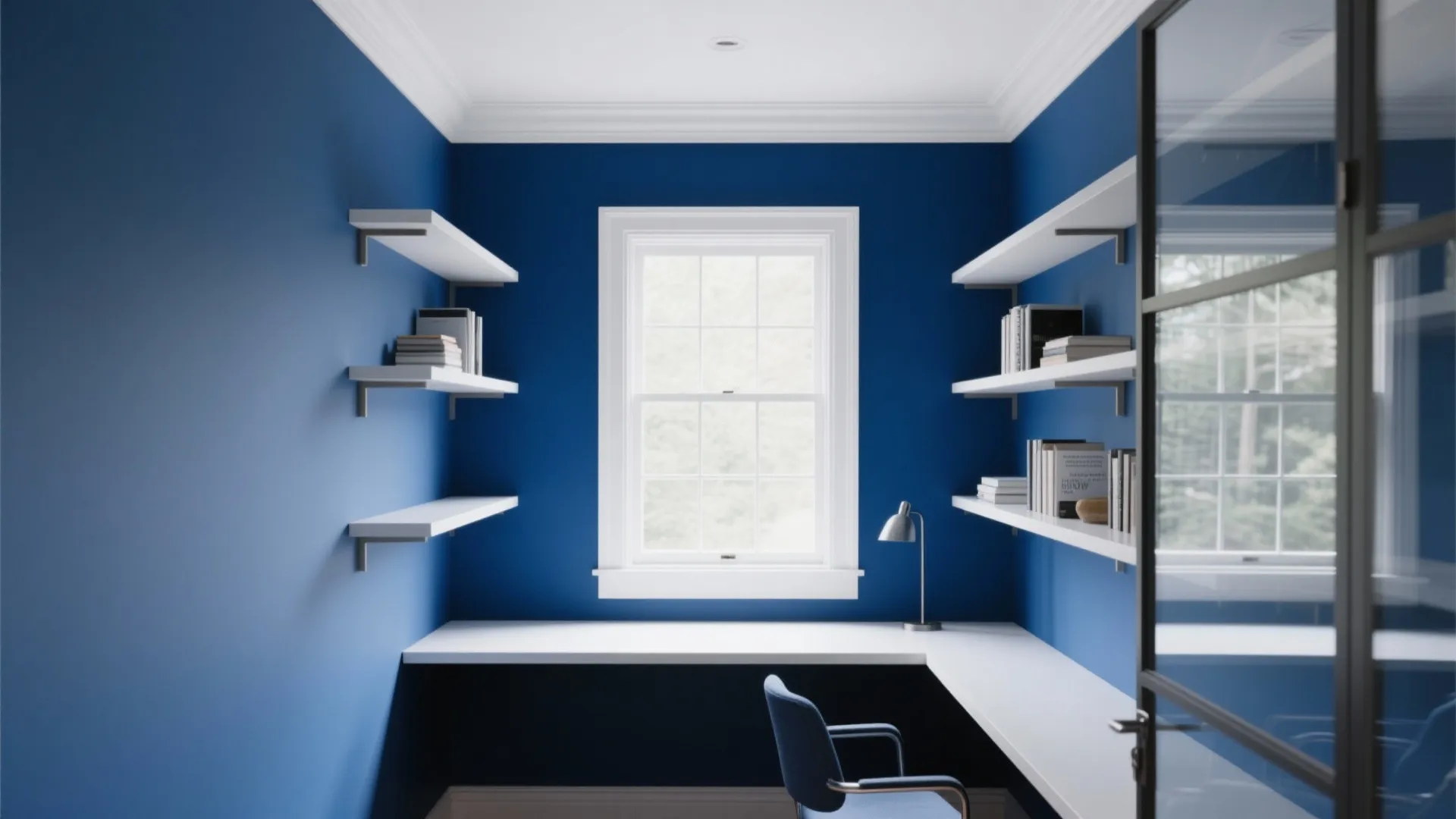 Modern small study room with blue walls white desk floating wall shelves and a bright window