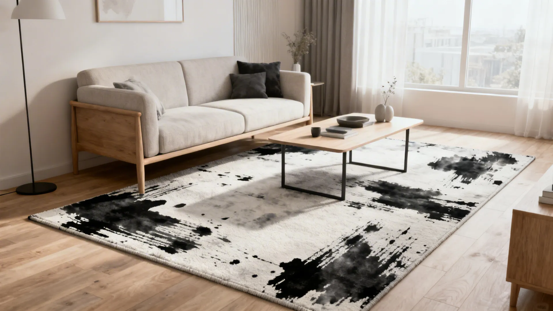Modern living room with an abstract black-and-white ink-wash rug and Scandinavian sofa.