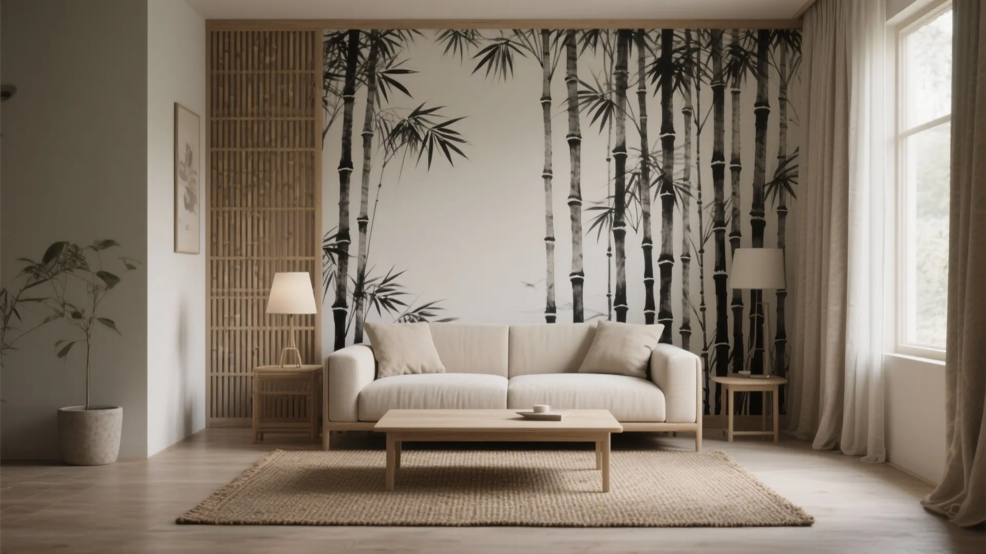 Monochrome Ink-Wash Bamboo Accent Wall