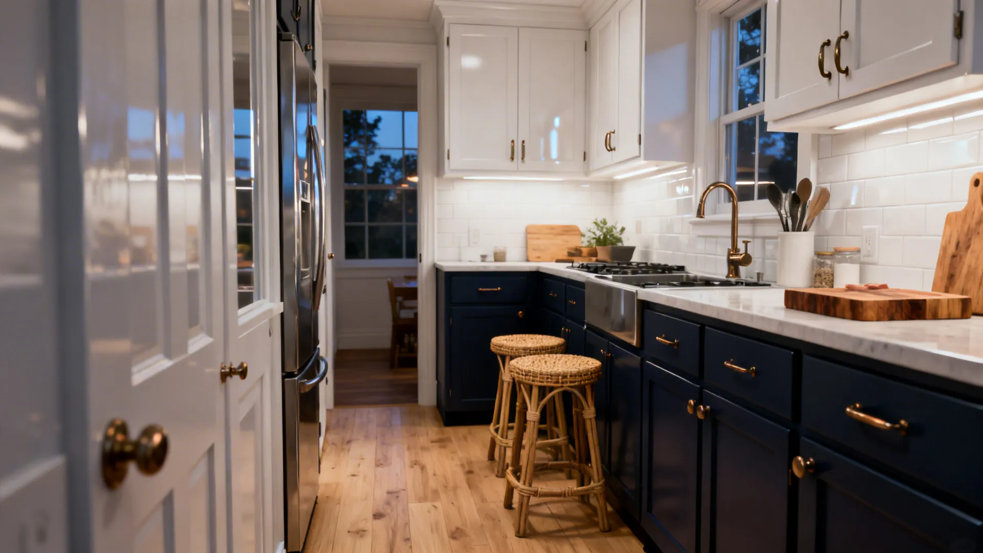 Small galley kitchen with inky navy lower cabinets, white uppers, and pale oak floor.