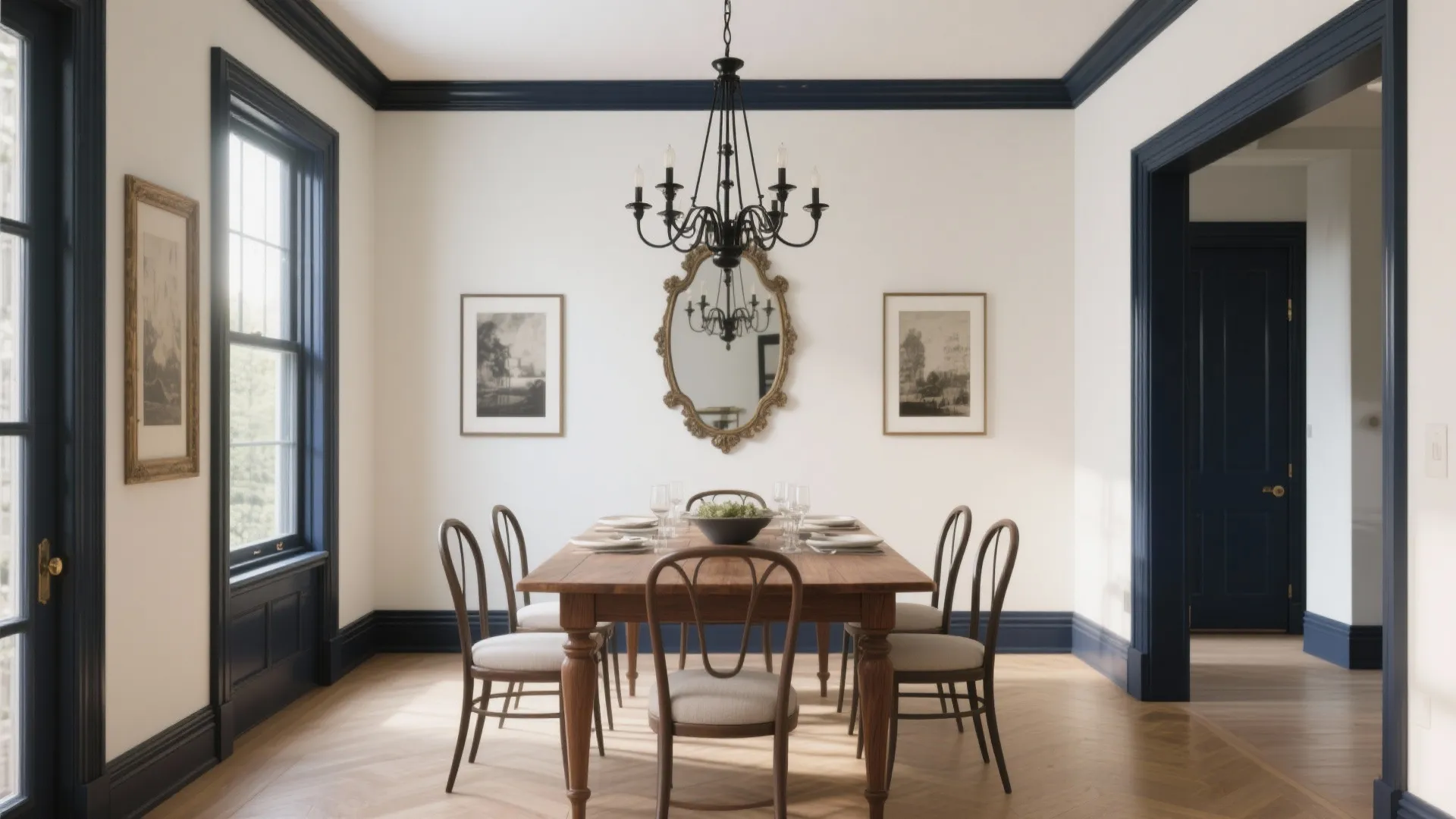 3) Crisp Contrast: Pale Walls, Inky Trim