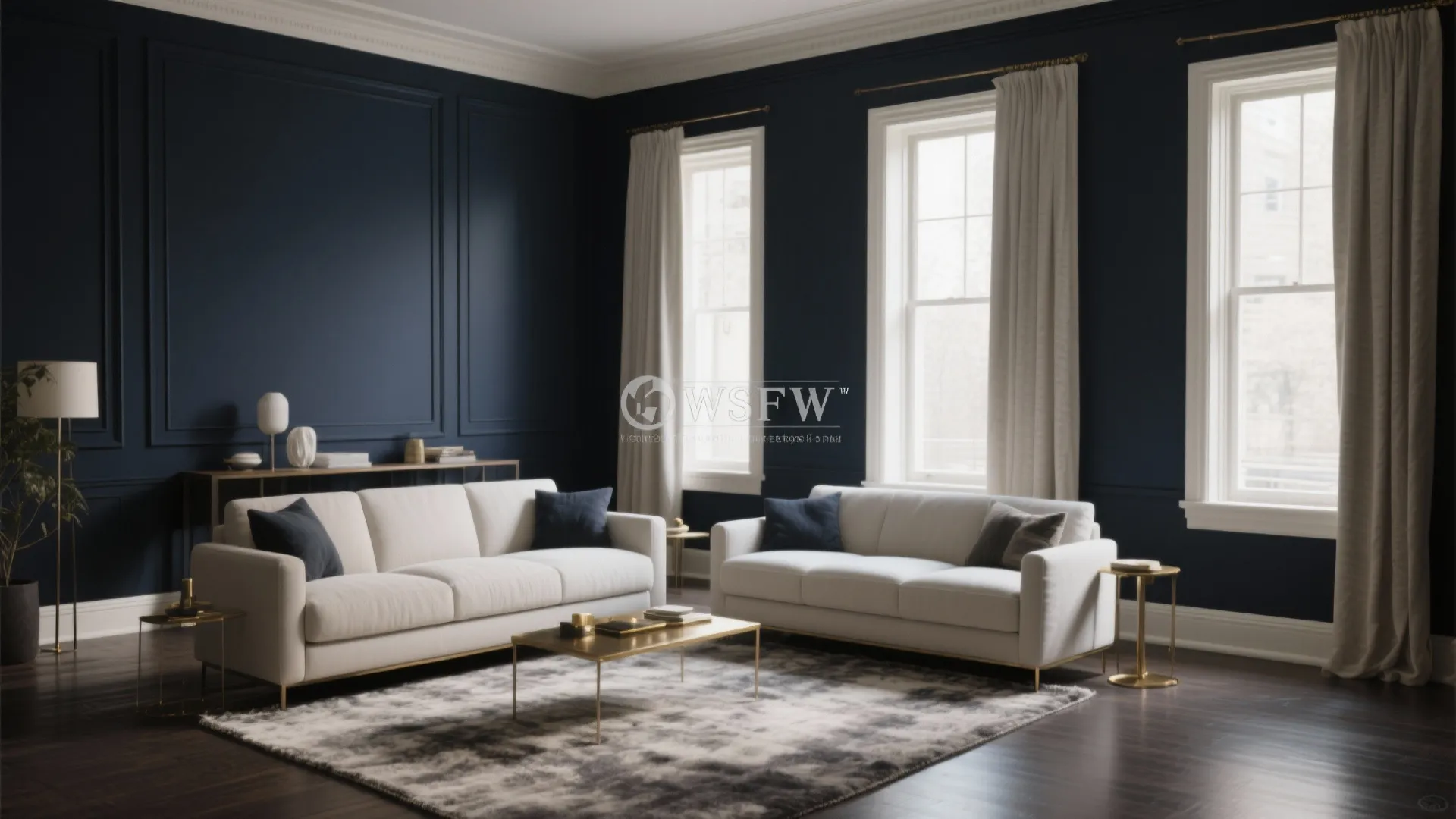 Inky Walls with Lighter Trim and Soft Textiles