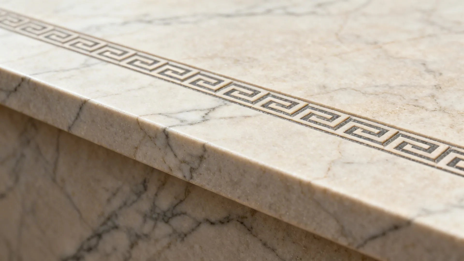 Macro view of stone backsplash with flush narrow geometric inlay and subtle veining.