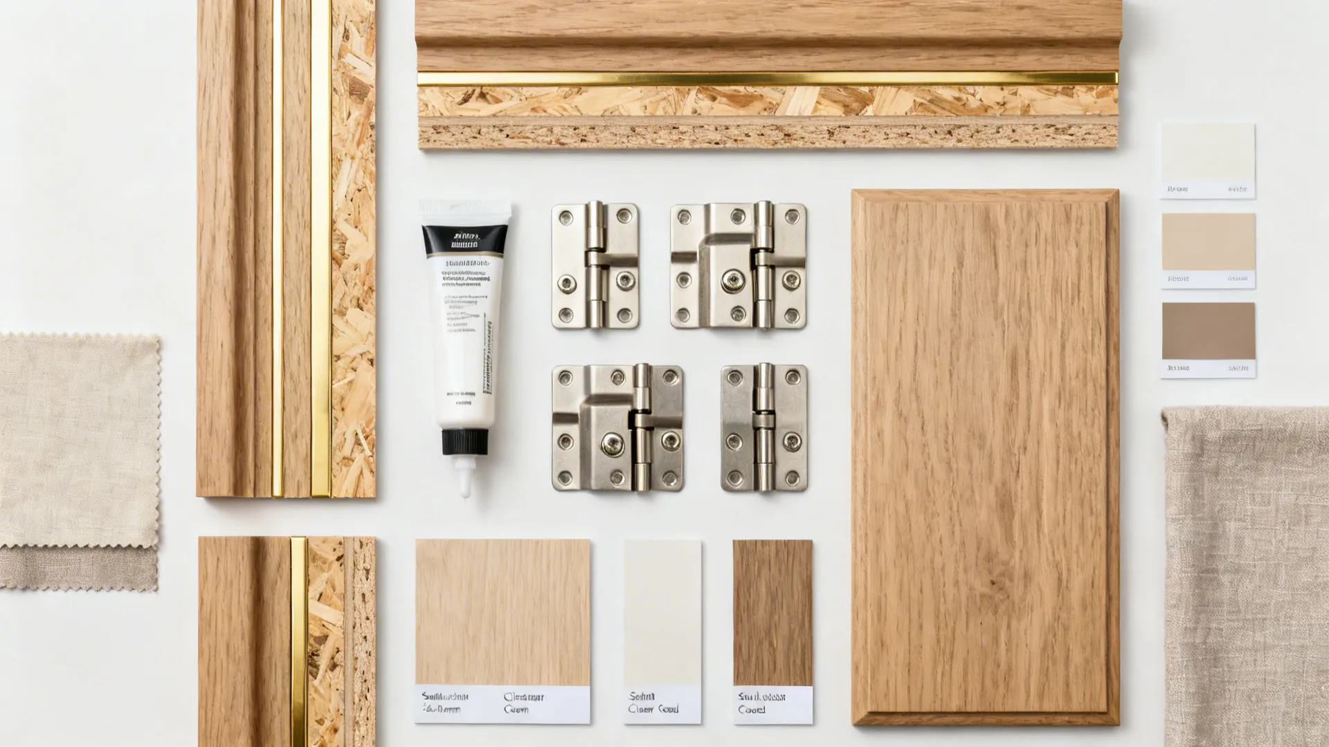 Flat lay of ash frame, engineered panel, brass strips, finish samples, and hinges for inlay door.