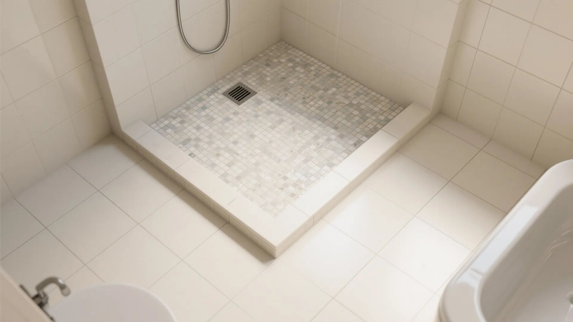 Modern bathroom shower area with small mosaic floor tiles white wall tiles and square drain