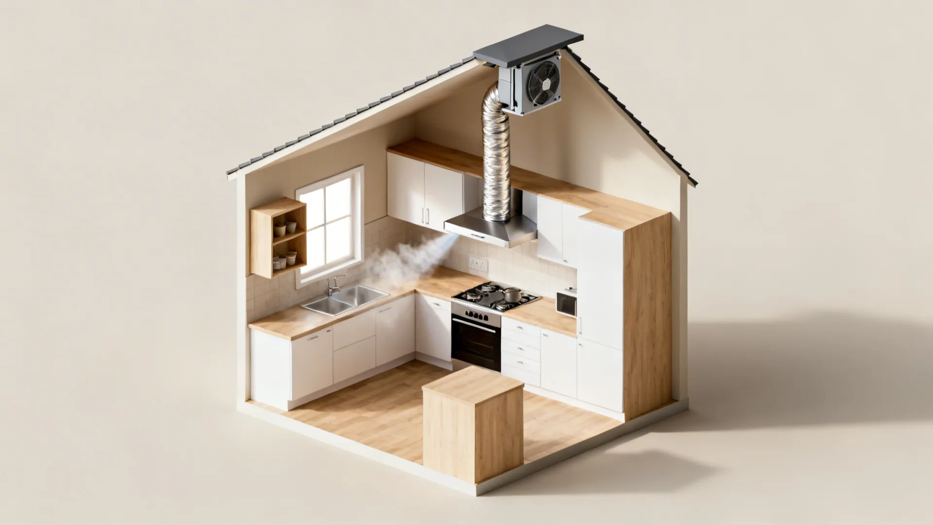 Top-down cutaway showing insulated duct to an attic in-line blower and roof vent cap.