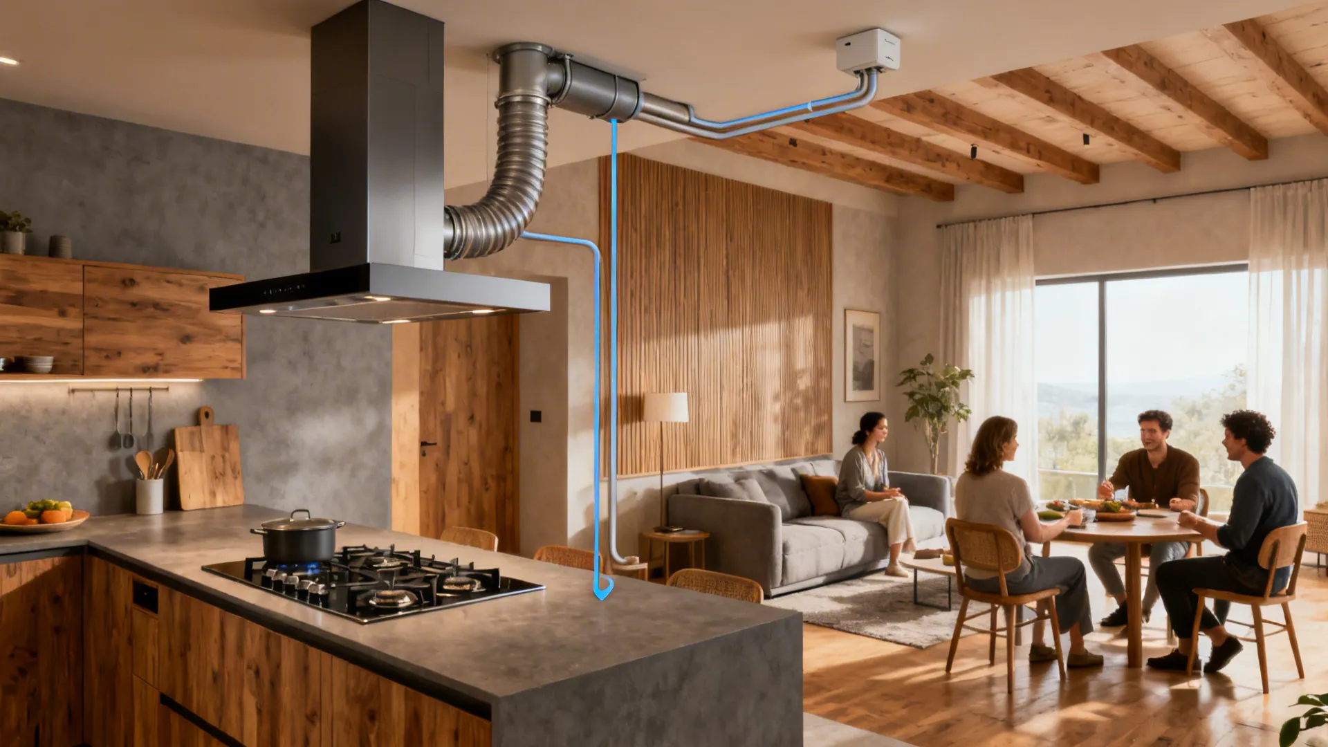 Open-plan studio kitchen with capture hood and quiet remote inline blower for low perceived noise.