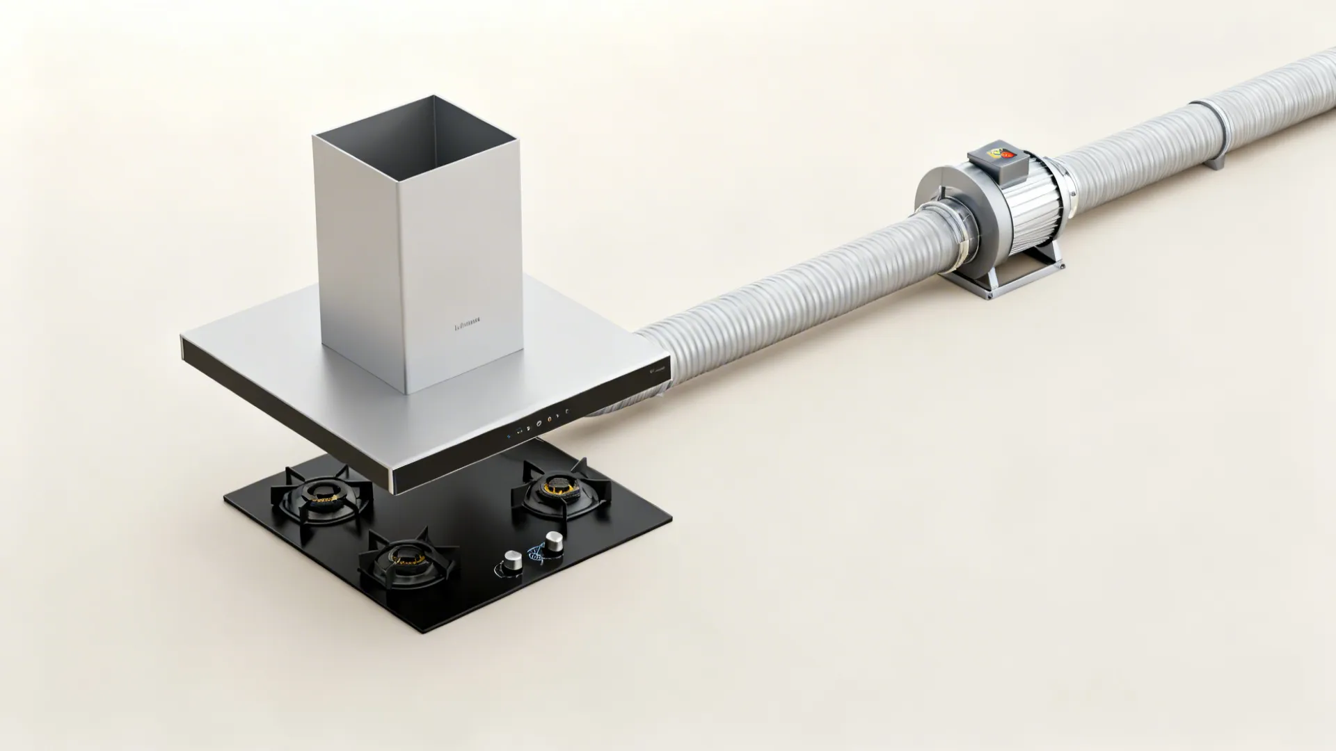 Top-down view of an inline blower with silencer and smooth duct routing from hood to exterior.