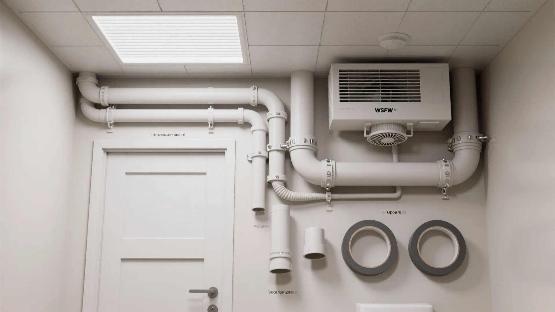 Top-down layout of ducted inline fan routing with UPVC louvered toplight.