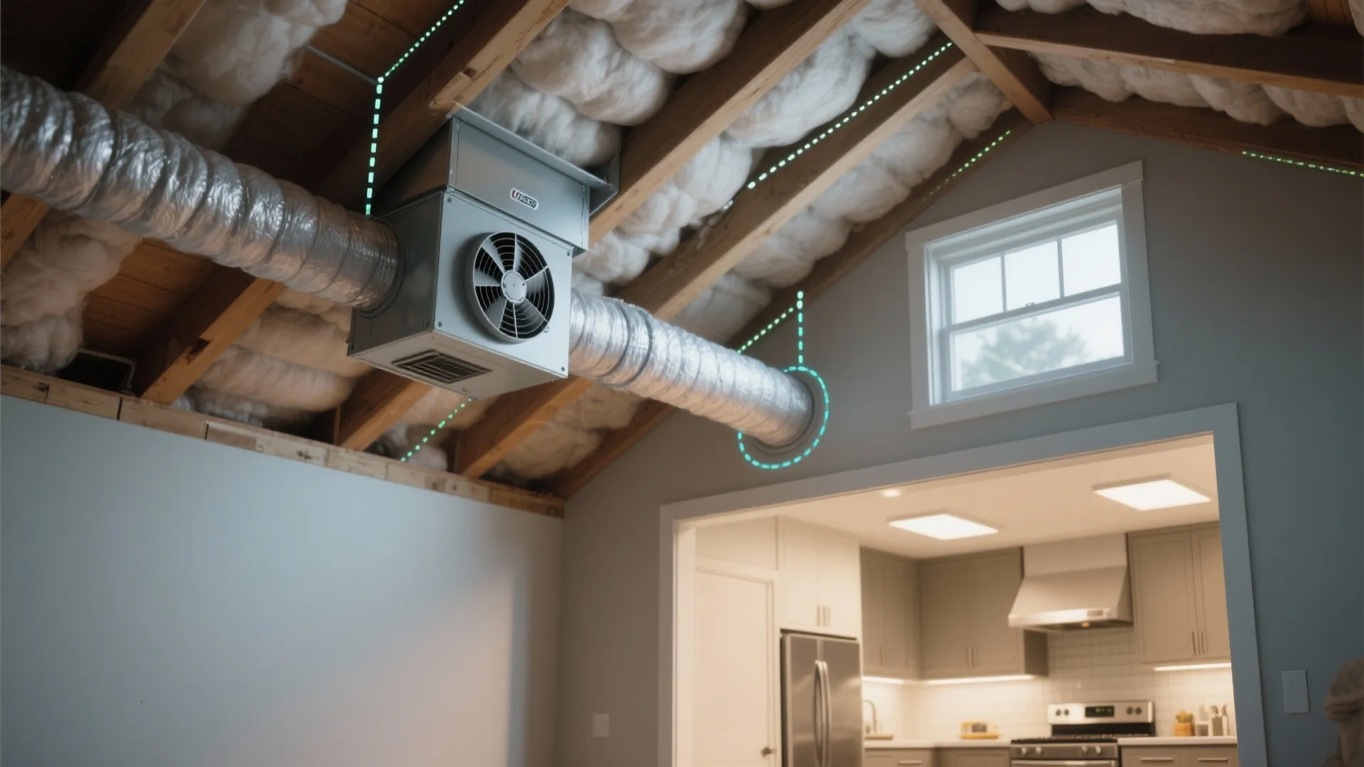 Ventilation fan system installed in an attic with wooden beams and white insulation foam material