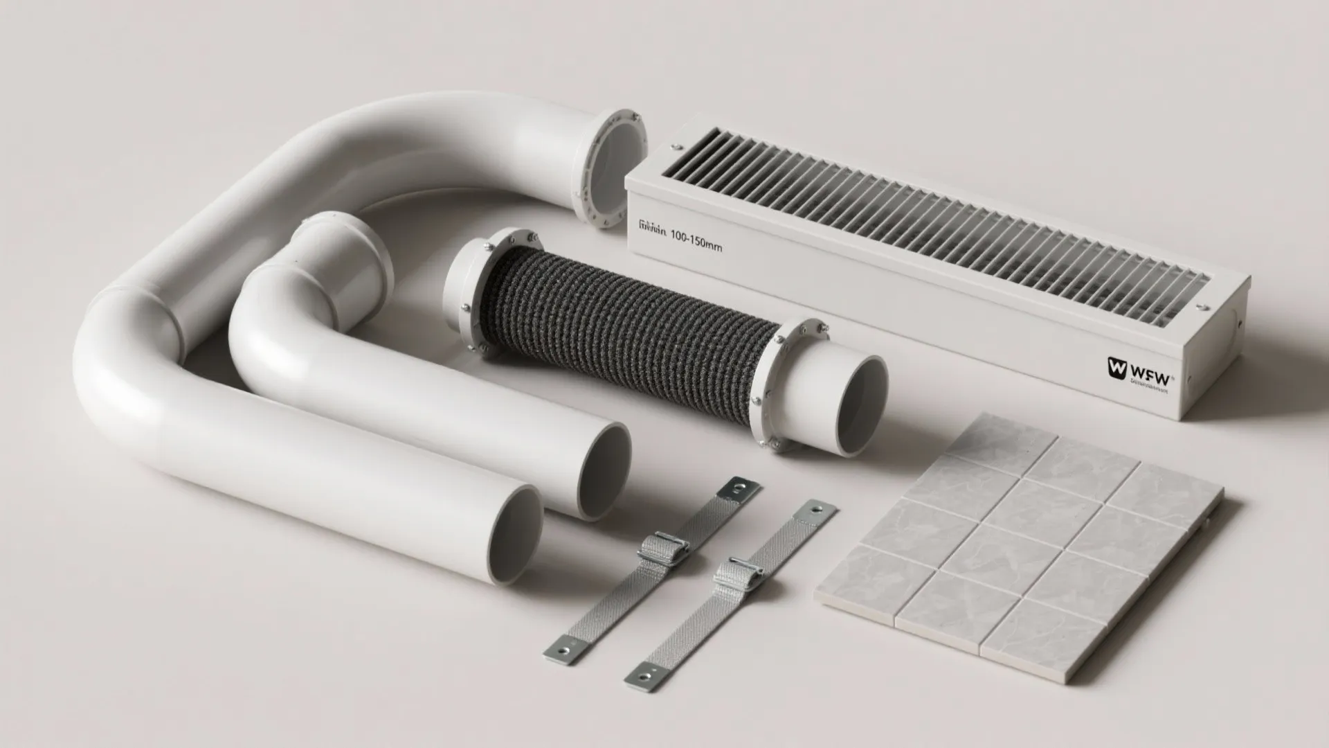 Various white ventilation parts including pipes flexible hose air vent cover straps and small tiles