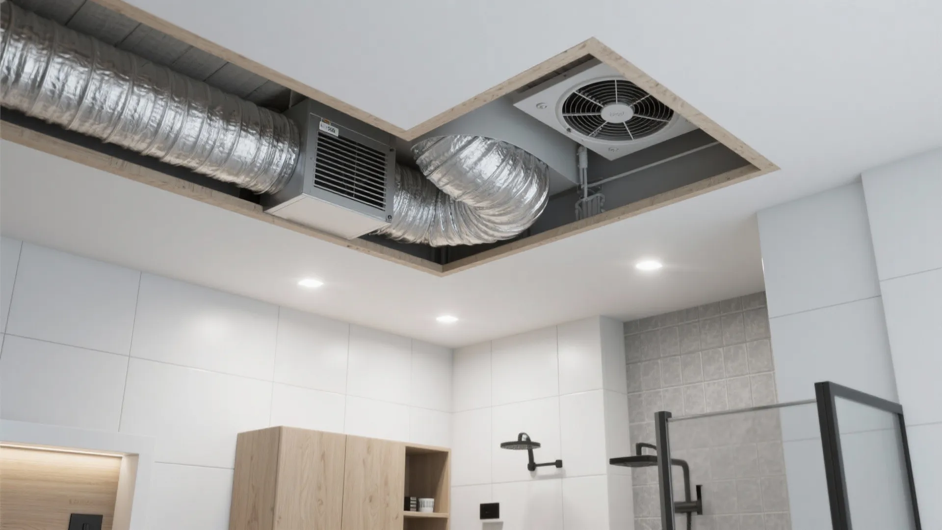 Interior design drawing showing ceiling air vent system with silver pipes and a white fan