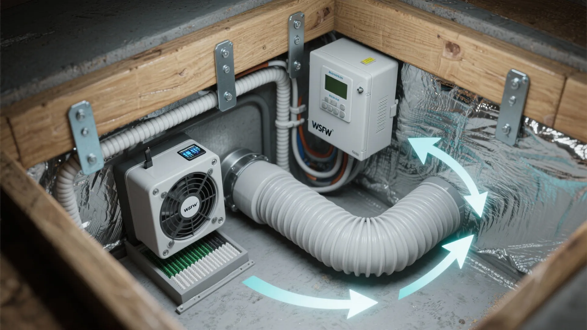 Top-down view of an inline fan and filtered intake with sensor and control box in a crawl space layout.