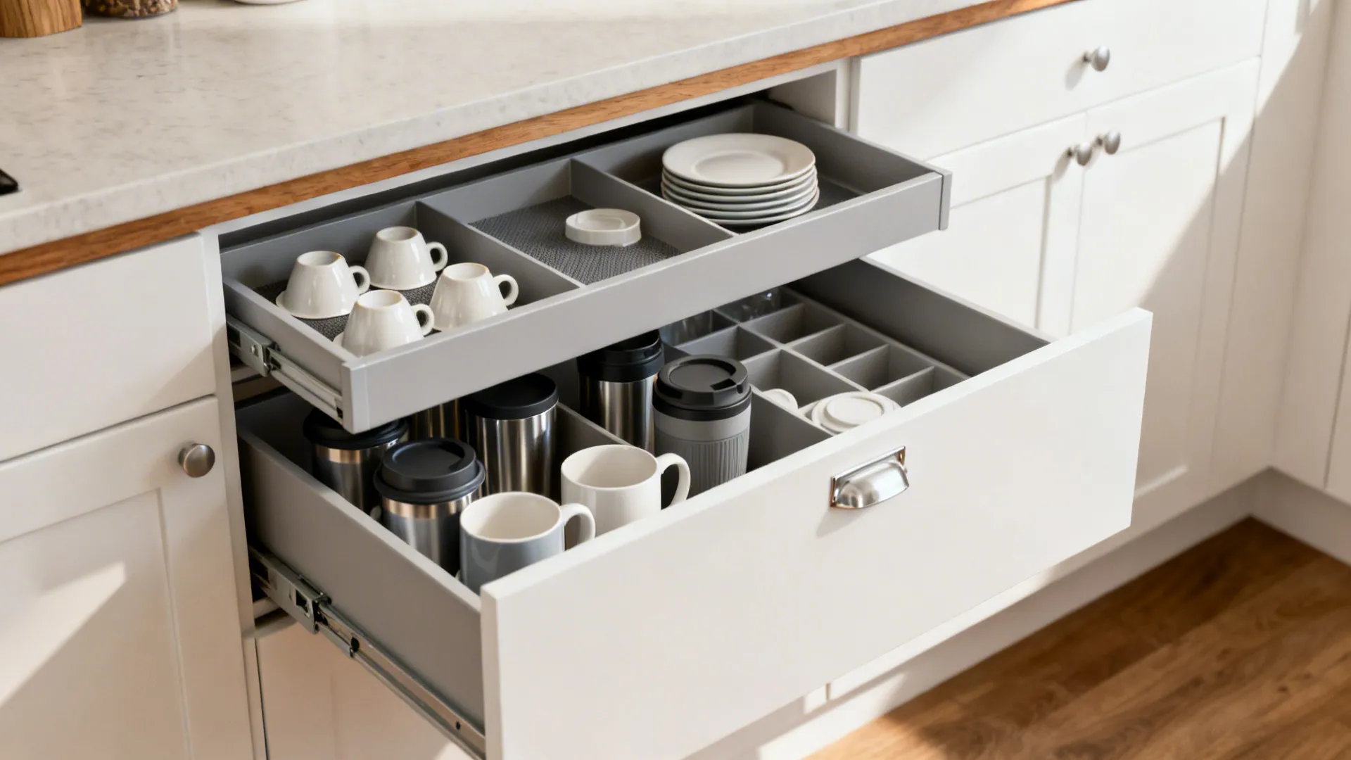 2) Drawer-within-a-drawer for cups and lids