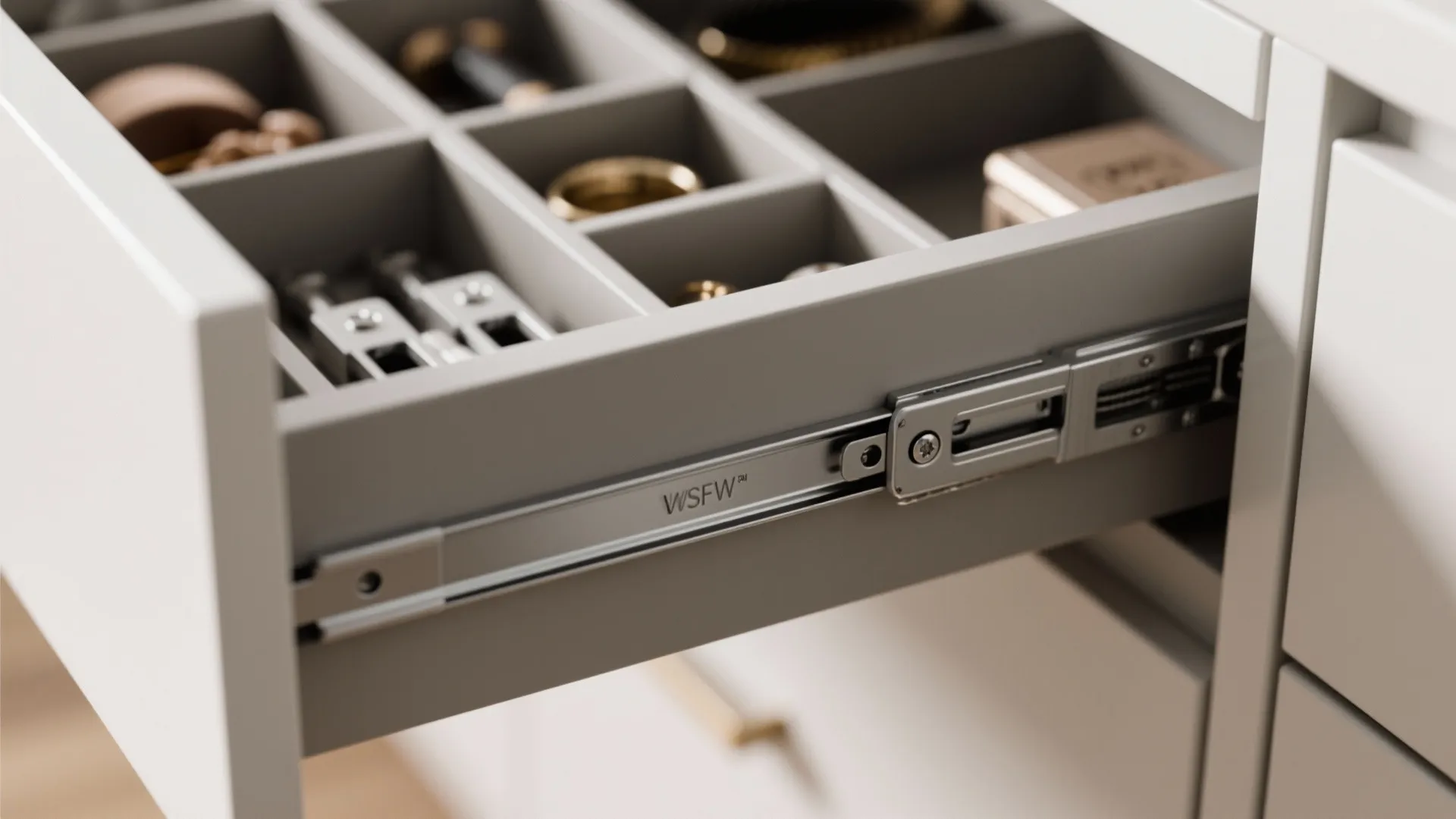 Open white drawer showing metal sliding hardware and grey interior dividers for organizing small items